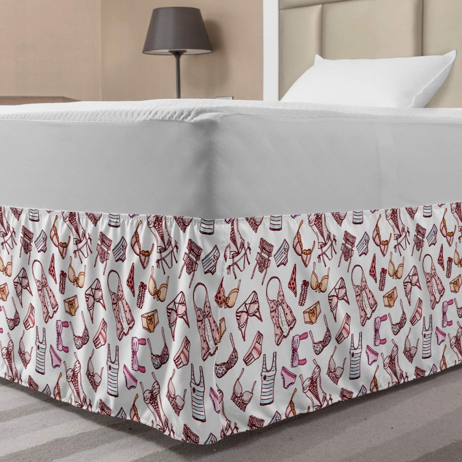 Lunarable Fashion Bed Skirt, Hand Drawn Style Underwear Pattern with Different Lingerie Pieces Feminine Glamor, Elastic Bedskirt Dust Ruffle Wrap Around for Bedding Decor, Full, Multicolor