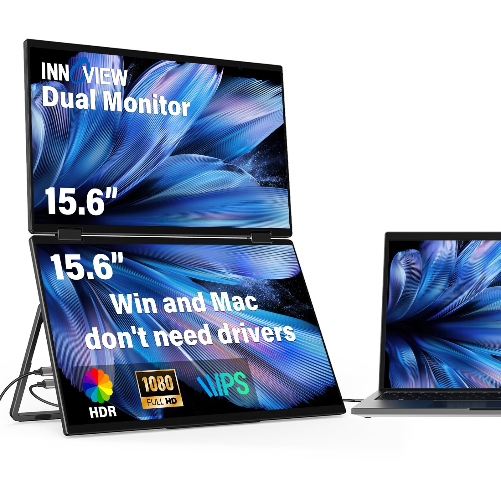 InnoView Laptop Screen Extender 15.6" Dual Portable Monitors 1080P FHD Stacked Folding Triple Monitor HDMI USB-C Portable Dual Monitor for Laptop Windows Mac (No Driver Needed)