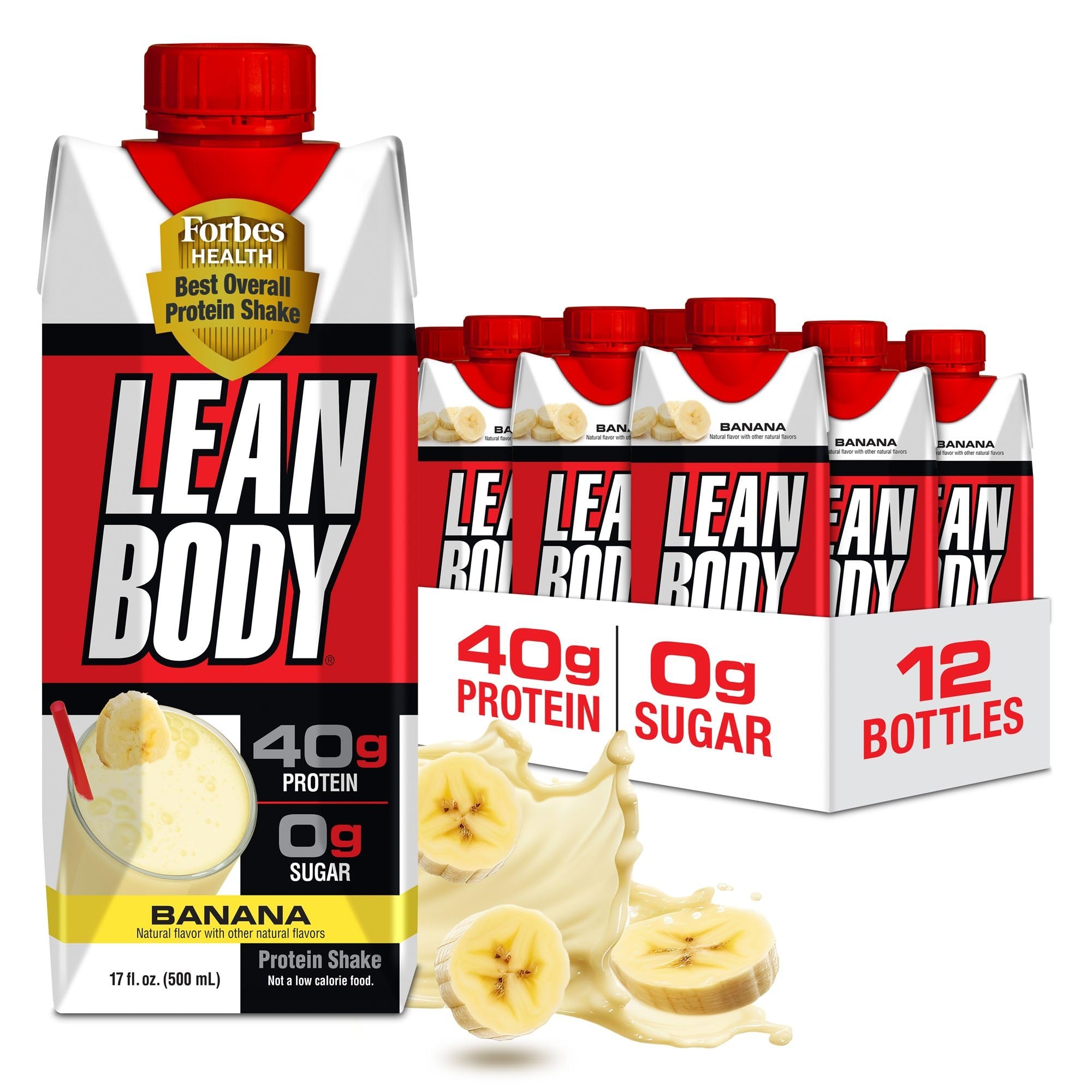 Lean Body Ready-to-Drink Banana Protein Shake, 40g Protein, Whey Blend, 0 Sugar, Gluten Free, 22 Vitamins & Minerals, 17 Ounce (Recyclable Carton & Lid - Pack of 12) LABRADA
