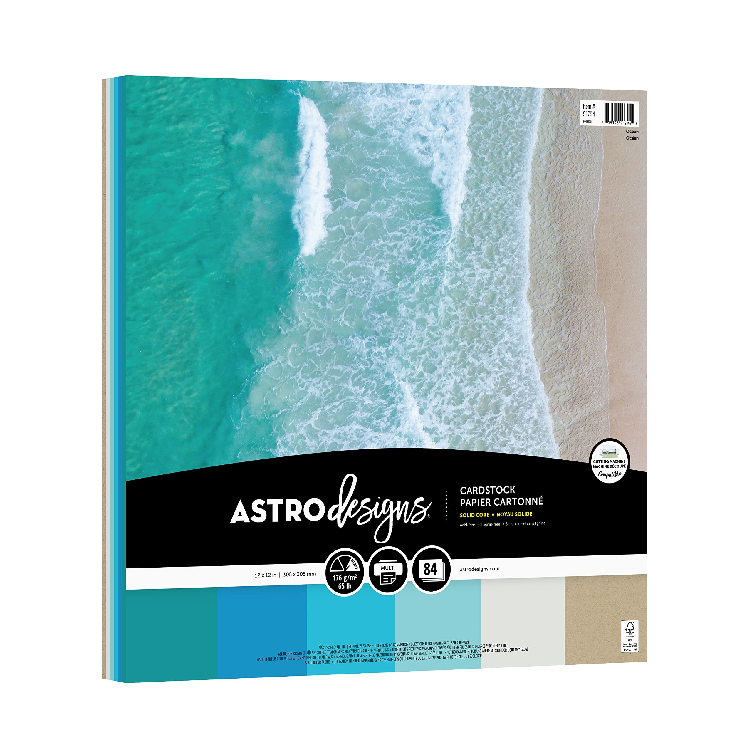 Astrodesigns Crafting Cardstock, 12" x 12", 65 lb./176 gsm, 6-Color Ocean Assortment, 84 Sheets (91794)