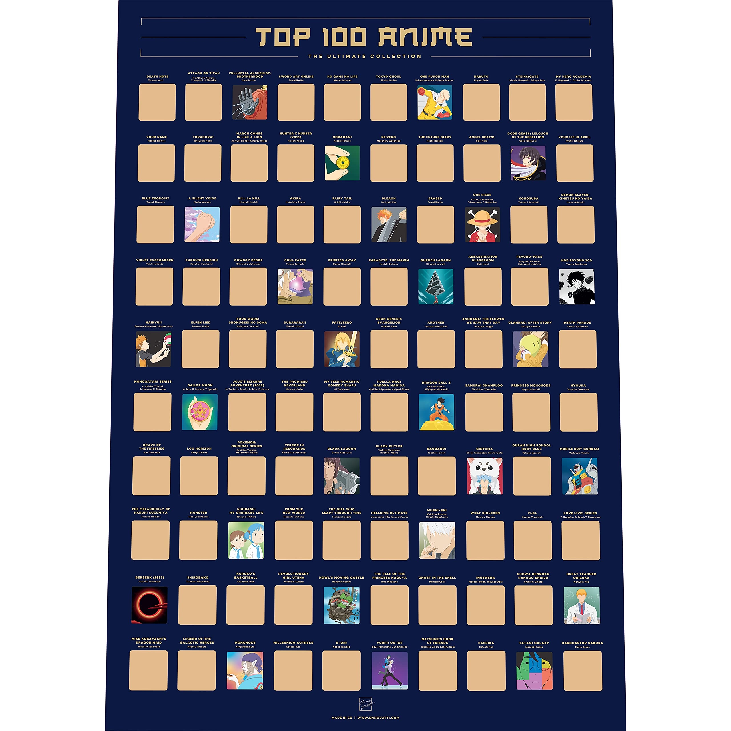 Enno Vatti Scratch Off Poster - Top 100 Animes of All Time - Unique Bucket List and Cool Stuff Featuring Series and Films - Wall Art and Thoughtful Gift for Anime Lovers - 16.5 x 23.4-Inch