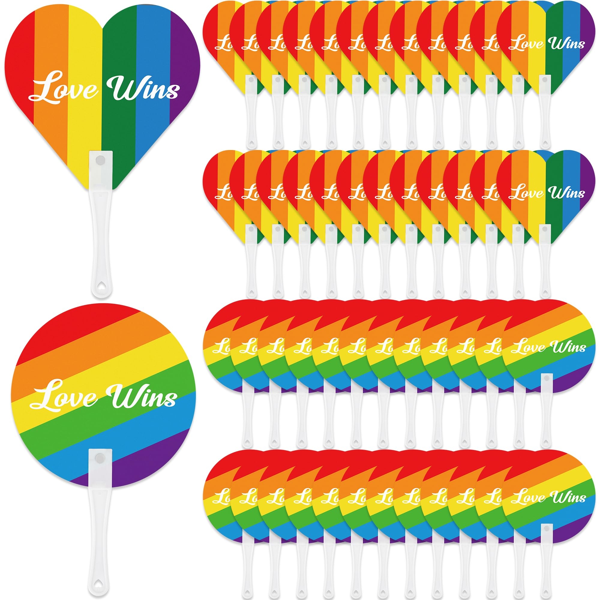 Blowata 48Pcs Pride Accessories Includes Gay Hand Fans - Heart and Round Rainbow Hand Fan for Parties, Festivals & Parades, Sturdy LGBT Plastic Fan for Pride Gifts and Pride Party Supplies