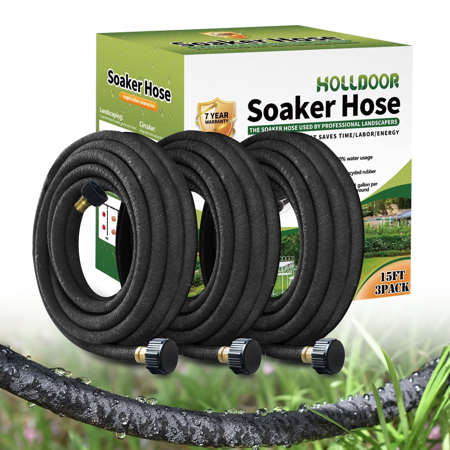 Holldoor 3 Pack Short Soaker Hose 15 Ft for Garden Beds, 1/2’’ 50 ft Soaker Hose for Foundation Watering, 70% Water Saving Drip Hose Irrigation for Lawn, Landscaping, Garden (15 FEET x 3PACK, Black)