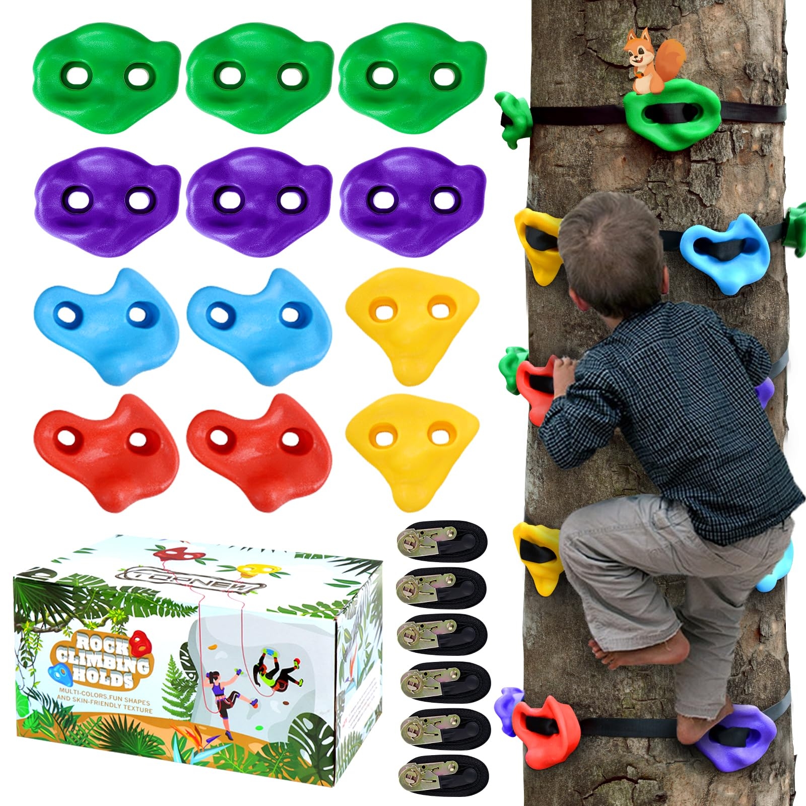 TOPNEW 12 Ninja Tree Climbing Holds for Kids Climber, Adult Climbing Rocks with 6 Ratchet Straps for Outdoor Ninja Warrior Obstacle Course Training