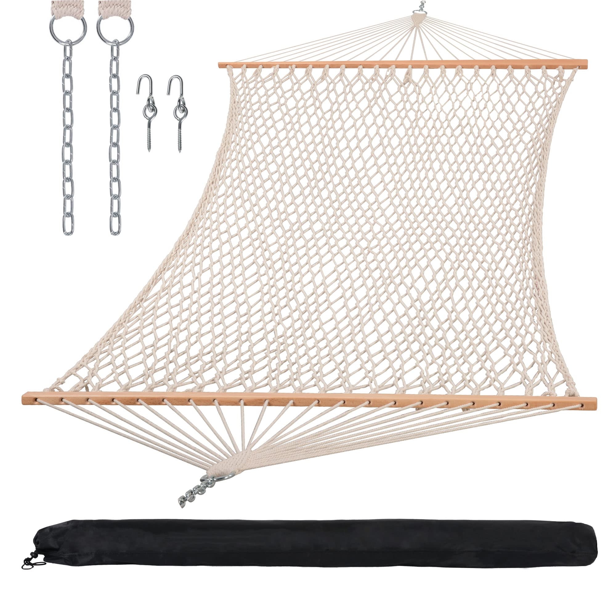 SUNCREAT Hammocks Traditional Rope Double Hammock with Hardwood Spreader Bar and Carrying Bag, 450 lbs Capacity, Natural