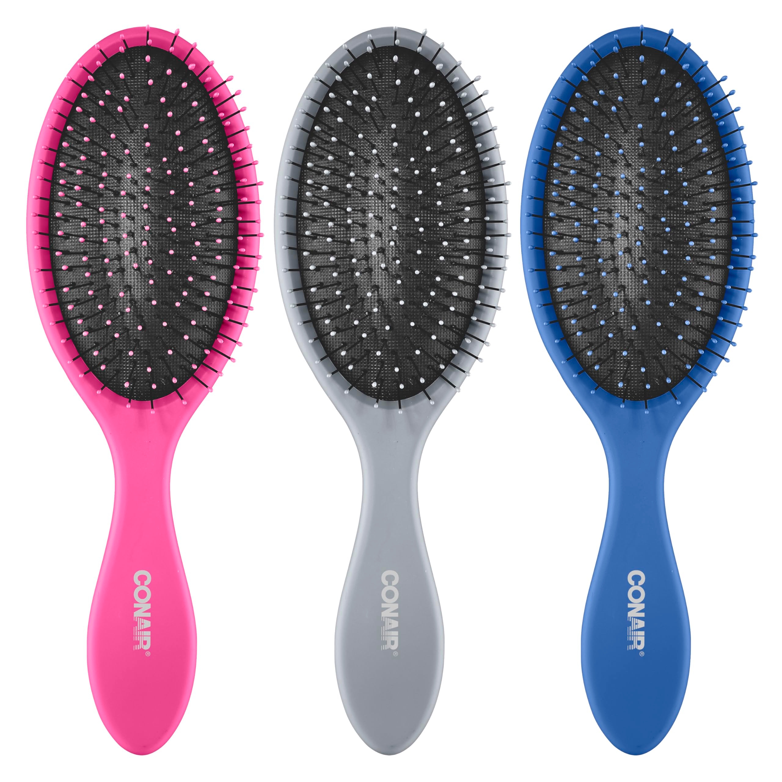 Conair Detangling Brush 3PK - For wet and dry - Ideal for all types - curly brush - brushes for women - detangler brush - brushes for women - Blue, Pink, Gray Assorted