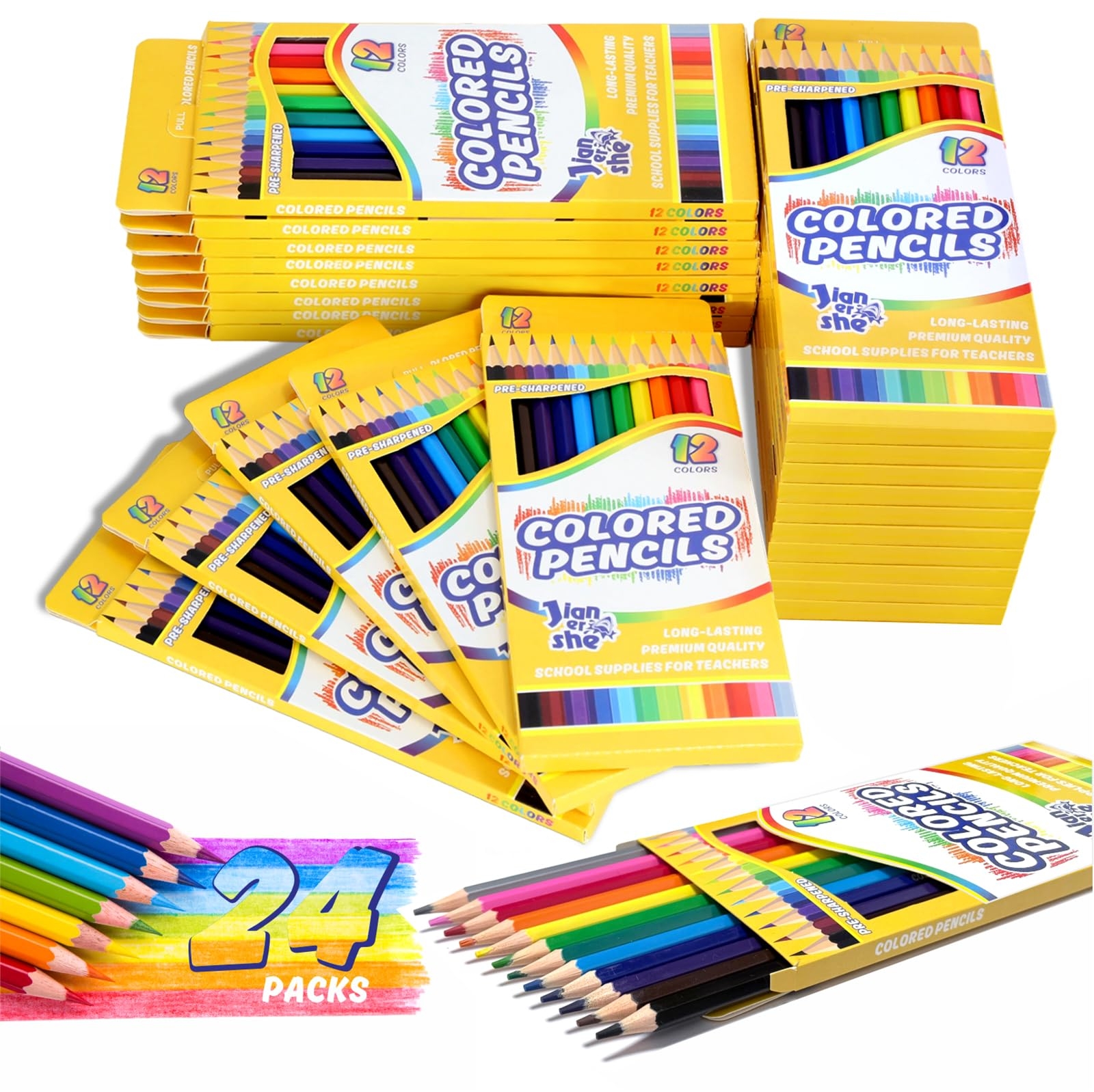 JIANERSHE 288 Count Colored Pencils, 24 Packs Pre-sharpened Coloring Pencils Bulk,12 Assorted Colors, Bulk School Supplies for Teachers, Classroom Prizes, Art Supplies for Adult Kids Boys Girls