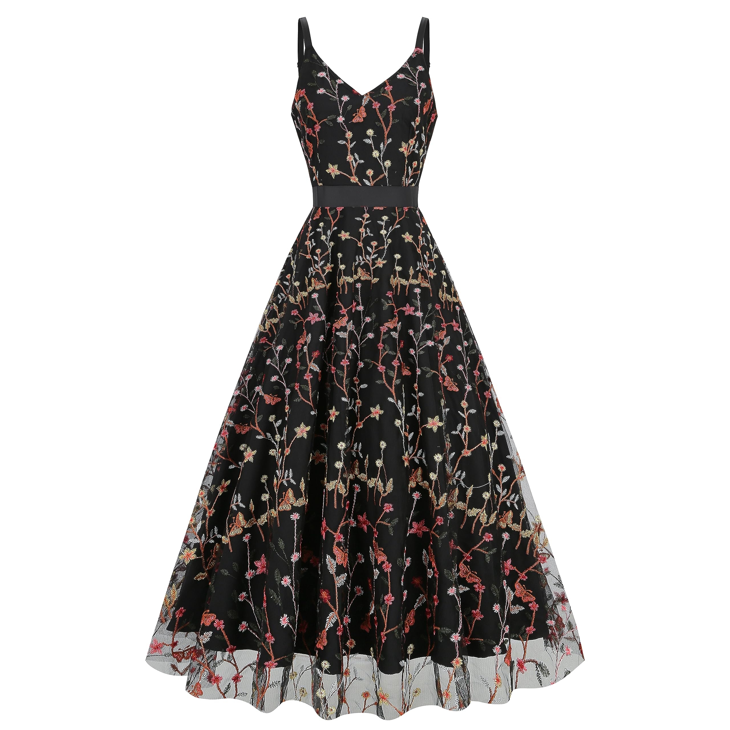 Long Floral Embroidery Dress for Women Flower Embroidered Maxi Dress Spaghetti Straps Formal Evening Party Tulle Prom Dress