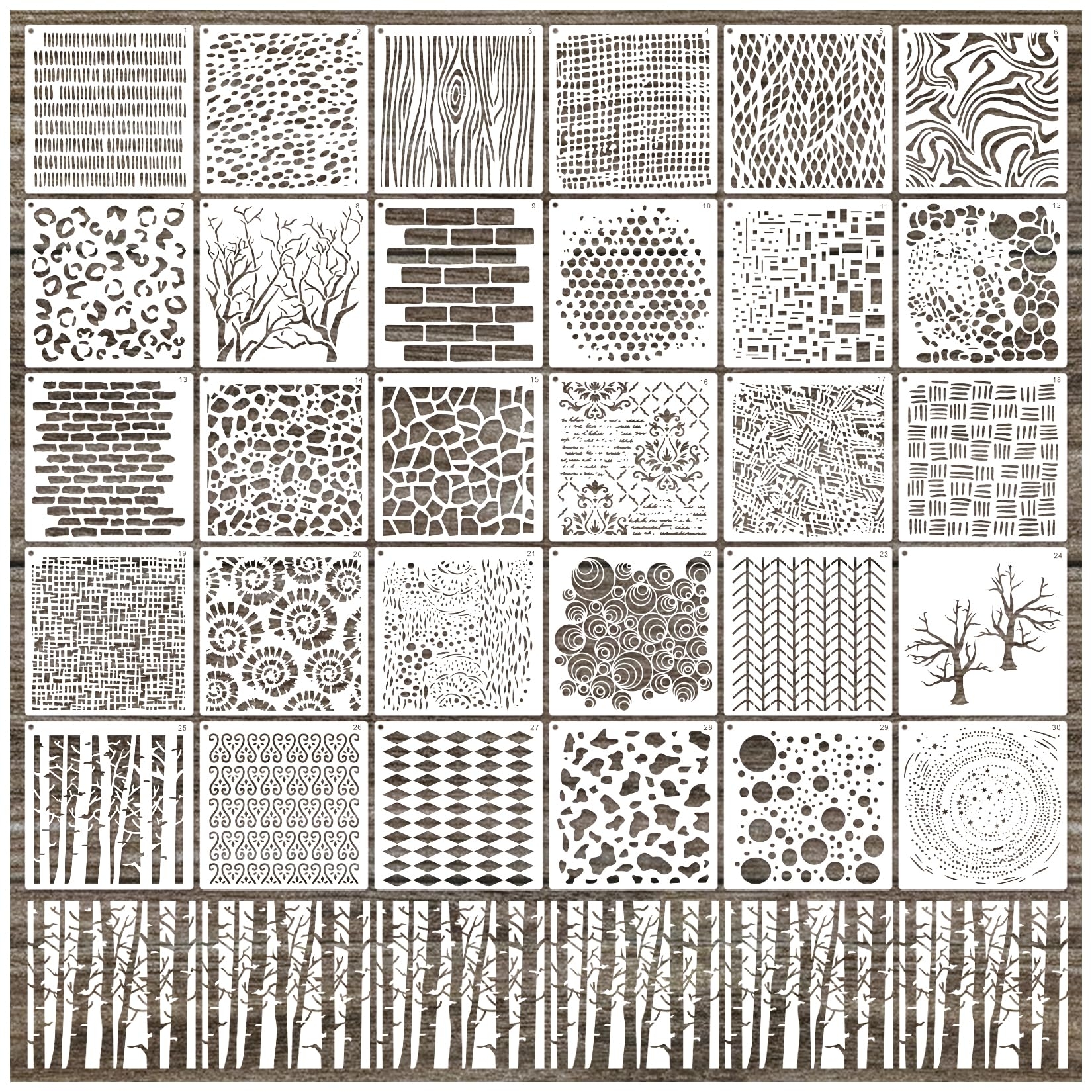 30pcs Texture Stencils for Crafts Reusable Mixed Media Geometric Brick Cubist Leopard Wood Grain Stencil Layering Stencils for Painting on Wood Wall DIY Background Furniture Card Canvas(texture30)