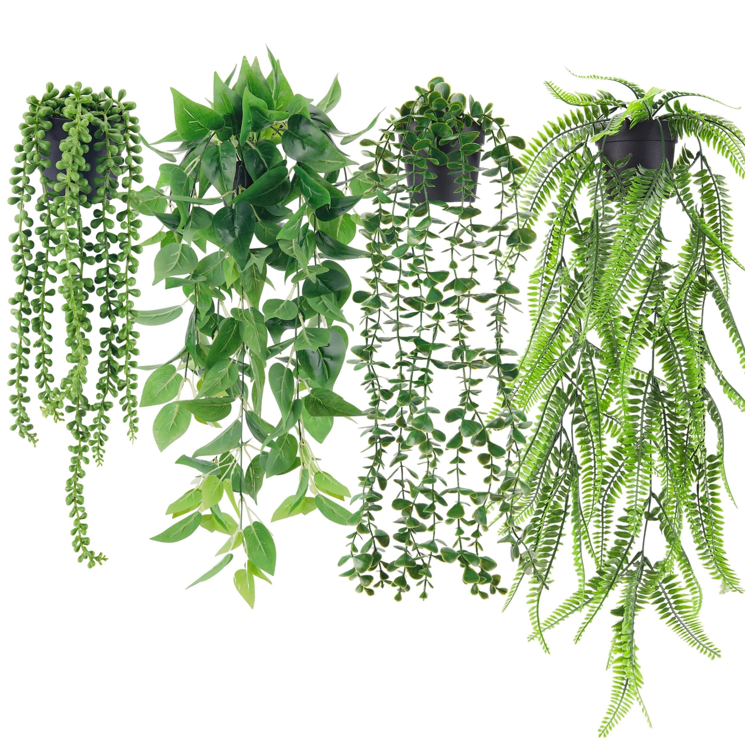 Der Rose 4Pcs Fake Plants Hanging Artificial Ivy Vine Faux Eucalyptus Hanging Plants, Boston Fern, String of Pearls for Living Room Bedroom Boho Wall Shelf Indoor Outdoor Decor