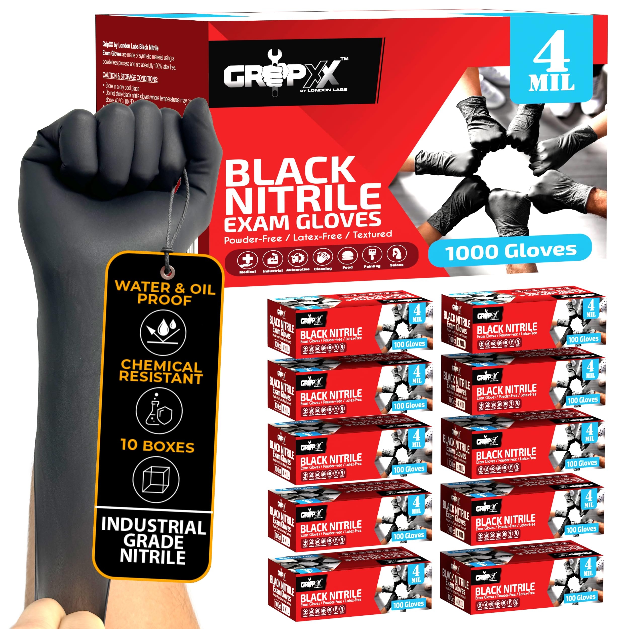 London Labs Black Nitrile Gloves Disposable Latex Free & Powder Free, 4 Mil Rubber Glove, Cleaning, Cooking, Mechanic(XS-XXL)