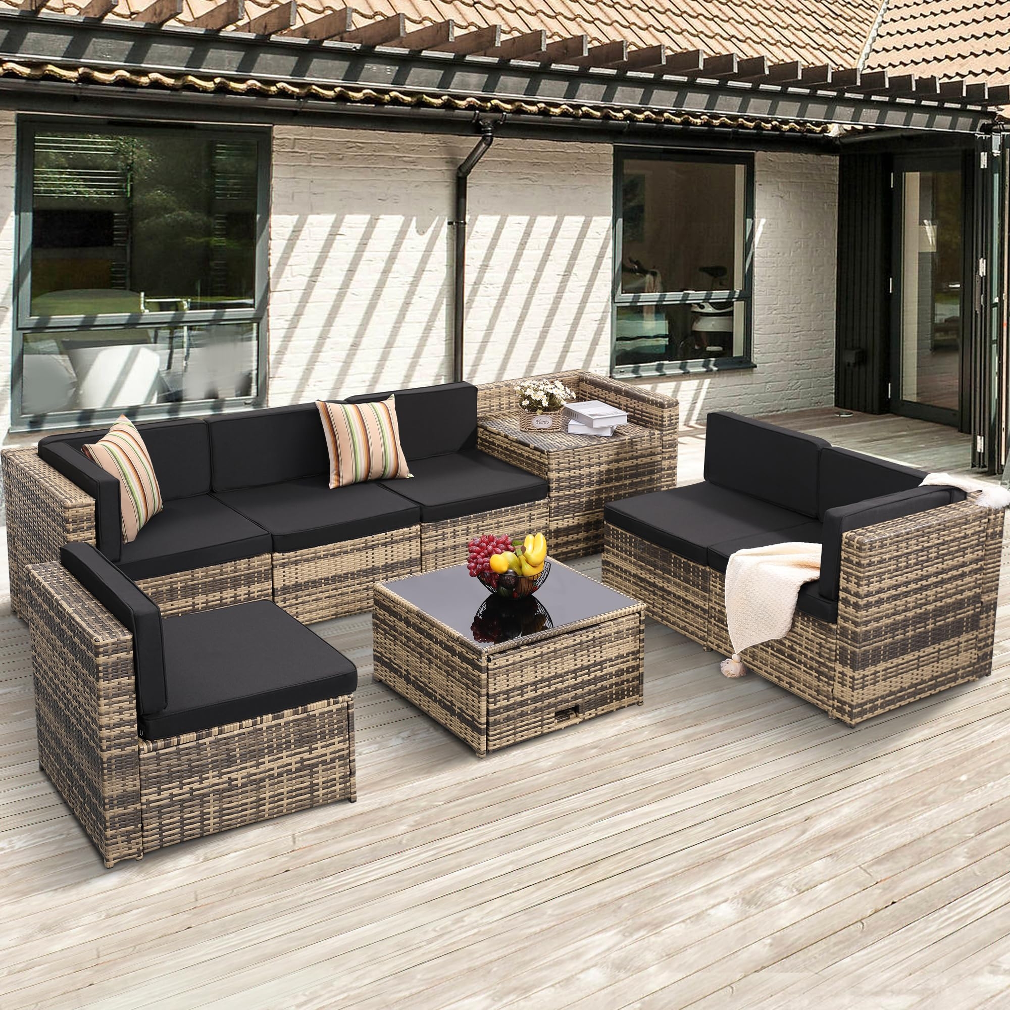 KROFEM 8 Piece Outdoor Wicker Patio Furniture Sectional Set, Glass Top Table with Hidden Storage, Includes 7 Seating Components, Natural Rattan with Black Overstuffed Cushions