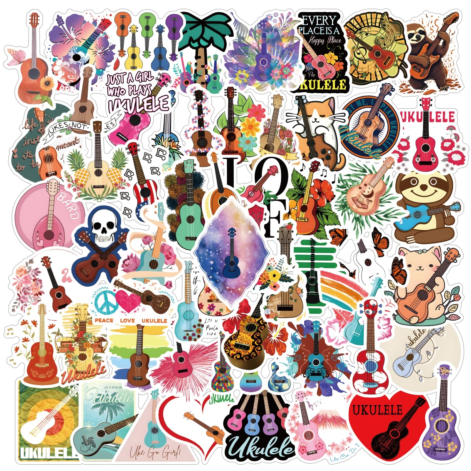 60pcs Ukulele Stickers Pack, Aesthetic Vinyl Waterproof Sticker Decals for Water Bottle,Laptop,Phone,Skateboard,Scrapbooking,Bumper for Kids Teens Adults for Party Supply Decor Favor…
