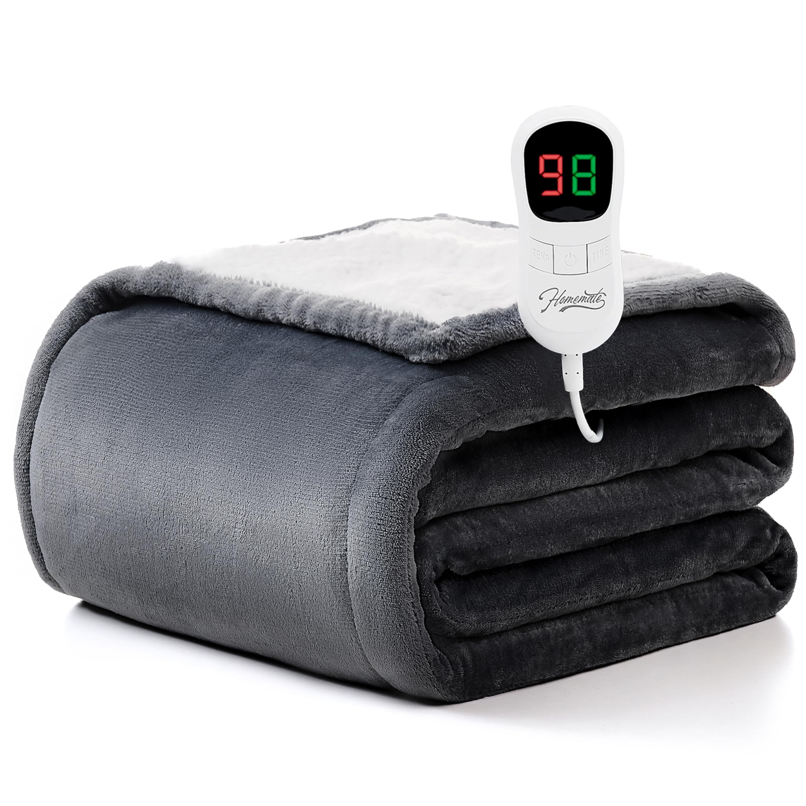 Homemate Electric Heated Blanket Full - 72"x84" Heating Blanket Full Size 1/2/4/6/8 Hours Auto-Off 10 Heat Level Over-Heat Protection Flannel Sherpa Big Heater ETL Certification