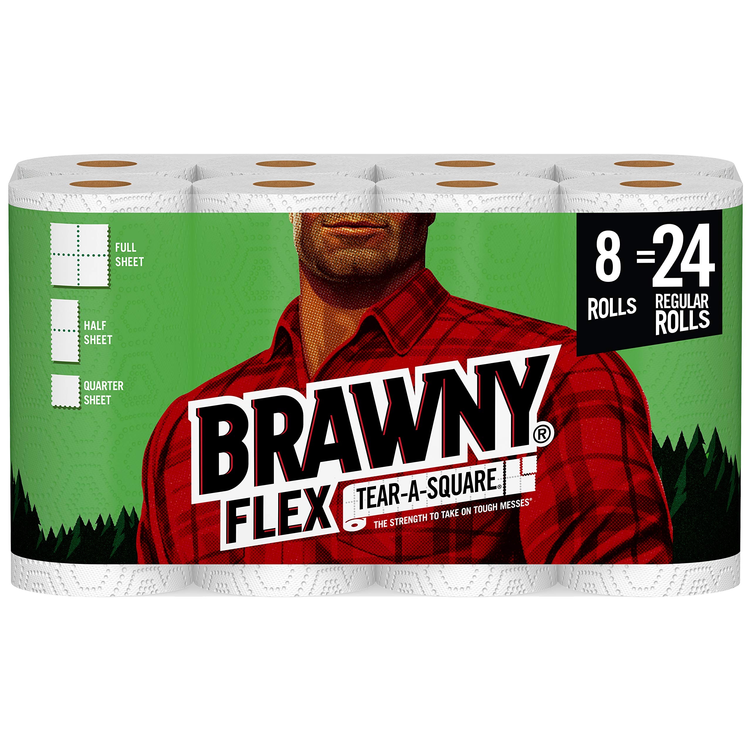 Brawny Flex Paper Towels, 8 Triple Rolls = 24 Regular Rolls, Tear-A-Square, 3 Sheet Size Options, Quarter Size Sheets