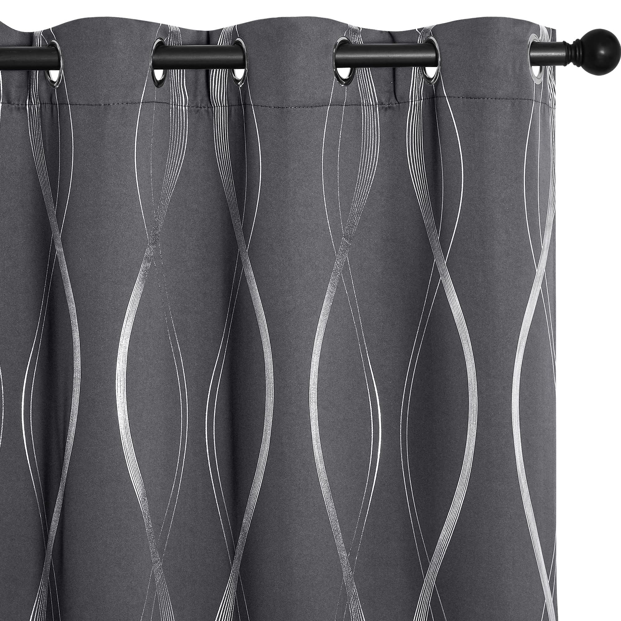NICETOWN Grey Blackout Curtains for Bedroom/Living Room 84 inch Length 2 Panels Set, Noise Reducing Thermal Insulated Wave Line Foil Print Drapes for Patio Sliding Glass Door (52 x 84)