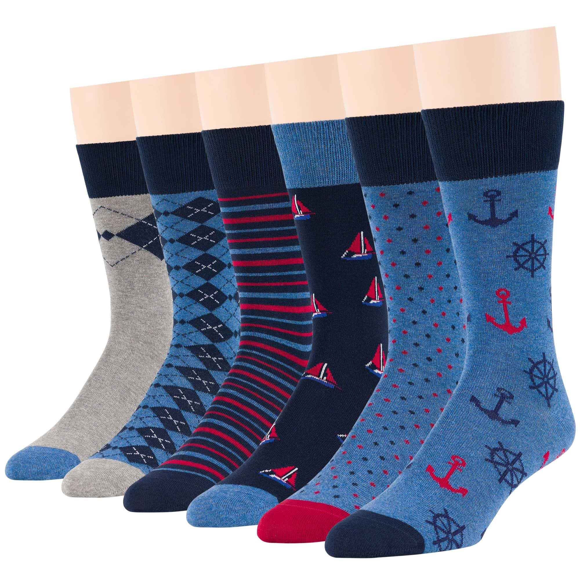 7Bigstars Men's Cotton Dress Crew Socks -6 pack-Argyle Stripes Dots-Large-Brown Blue Black Khaki Beige