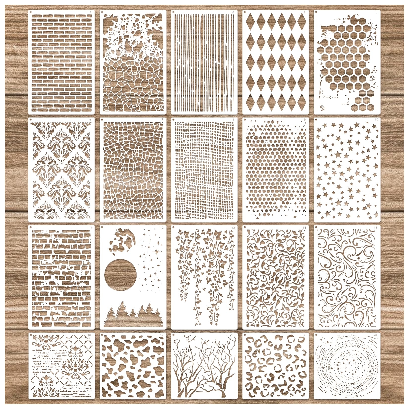 Cubist Mixed Media Layering Stencils for Painting on Wood, Texture Demask Leaf Tree Brick Striped Background Pattern Stencils for Crafts Wall Shoe Cards Canvas Furniture (Texture)