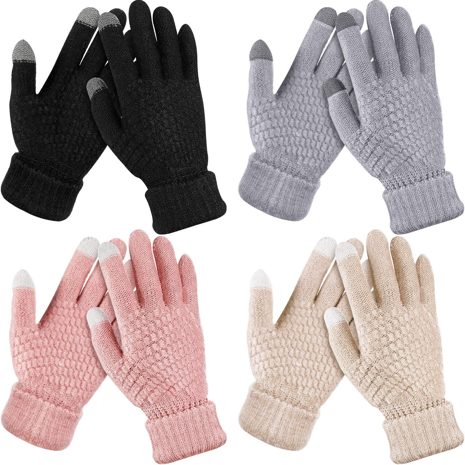 Geyoga 4 Pairs Women's Winter Touch Screen Gloves Soft Warm Fleece Lined Knit Elastic Cuff Texting Gloves