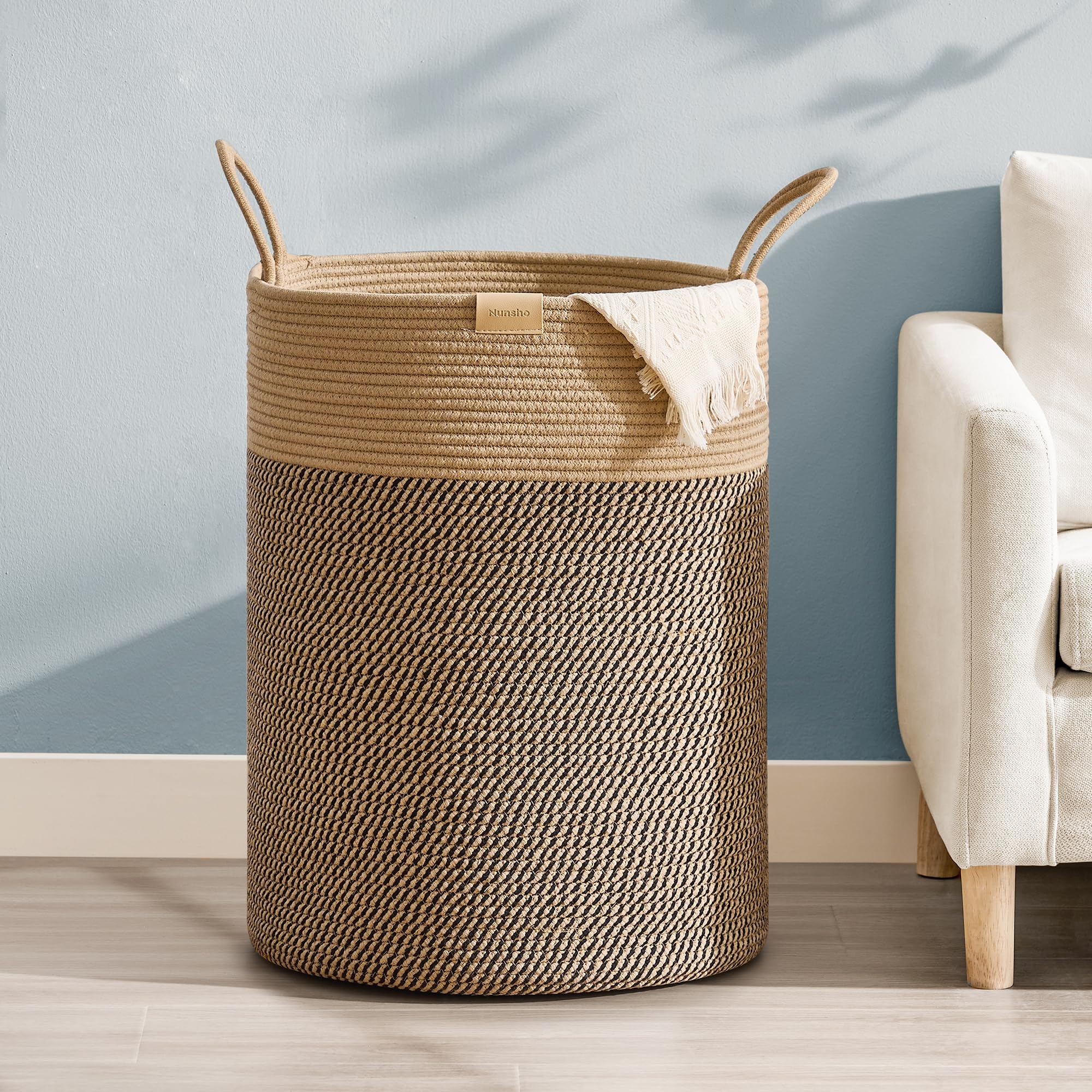 Nunsino Laundry Hamper 95L,Large Laundry Basket for Clothes,Decorative Storage Basket for Blankets,Cotton Rope Woven basket for bedroom,Dark Brown