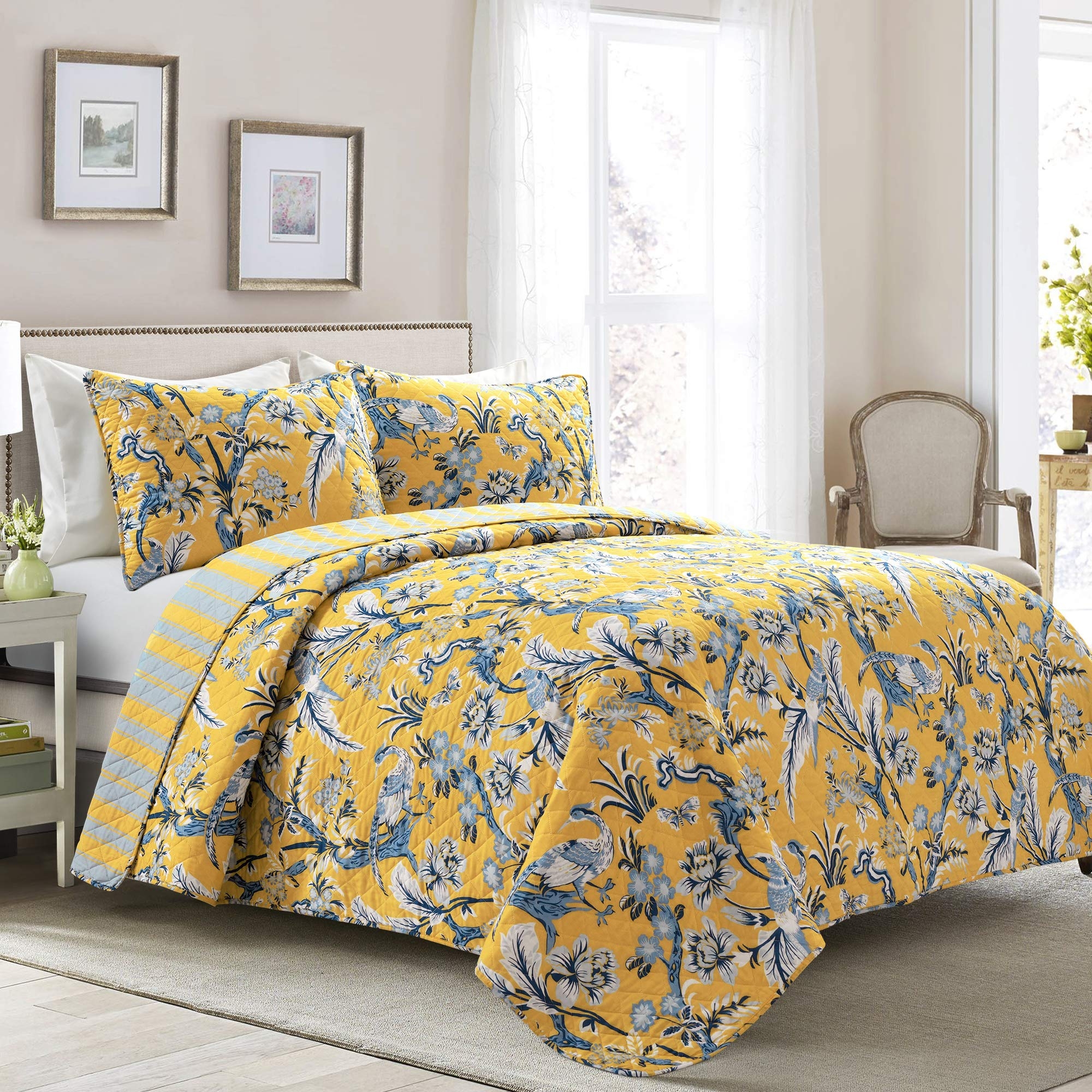 Lush Decor Dolores Reversible Cotton Quilt Set, 3 Piece Set, Full/ Queen, Yellow & Blue - Toile Bedding Set - Floral & Bird Quilt - Cottage, Maximalist & French Country Bedroom Decor