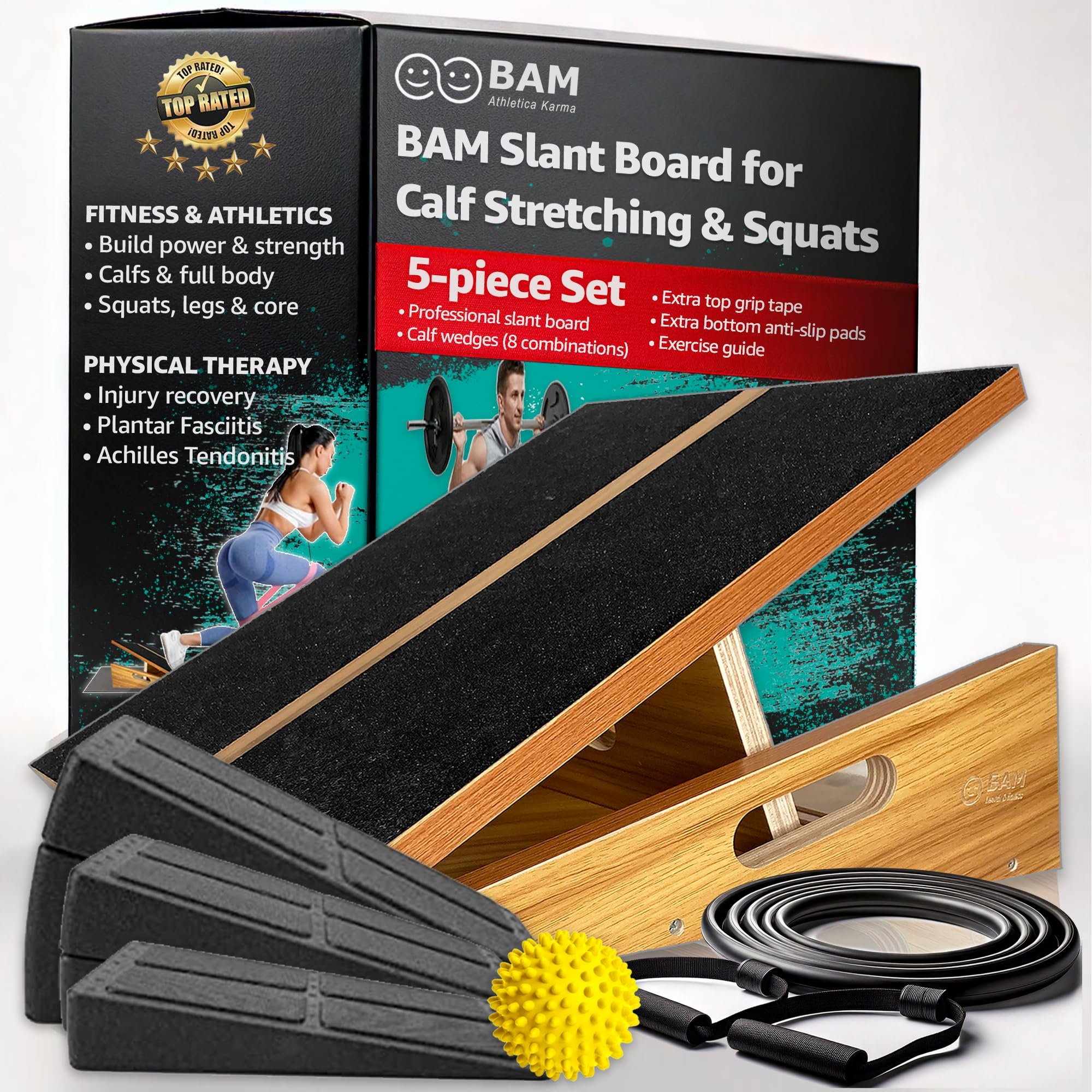 BAM's Adjustable Slant Board for Calf Stretching | Wide Slant Board for Squats & Calf Stretch | Professional Incline Board Calf Stretcher for Fitness & Physical Therapy (Plantar Fasciitis & Achilles)