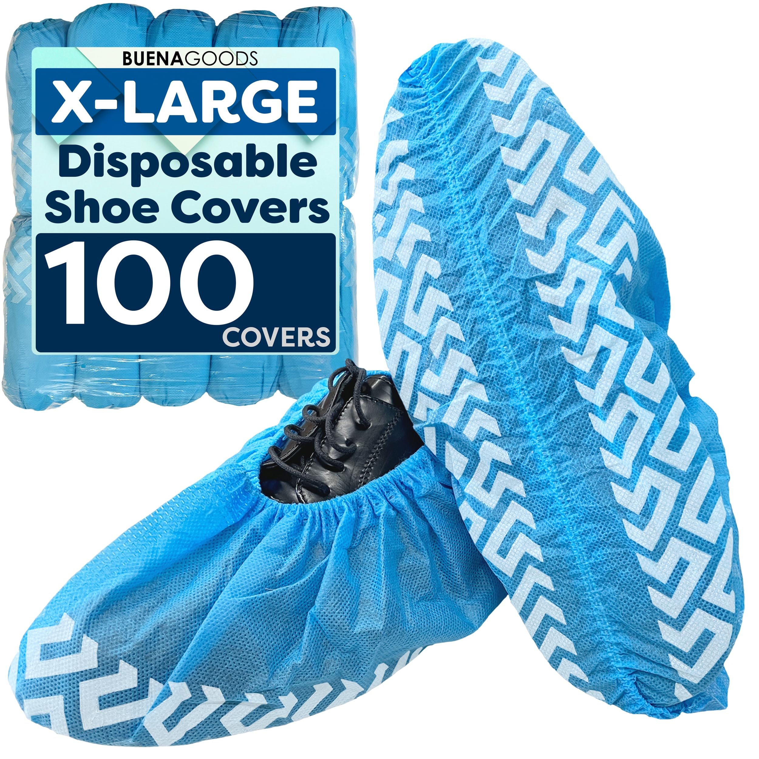 Buena Goods 100 Pack Extra Large Disposable Blue Boot and Shoe Covers - Indoor Reusable Shoe Covers Disposable - Non Slip Booties - Fits US Men's Size 14 and Women's 16 Size