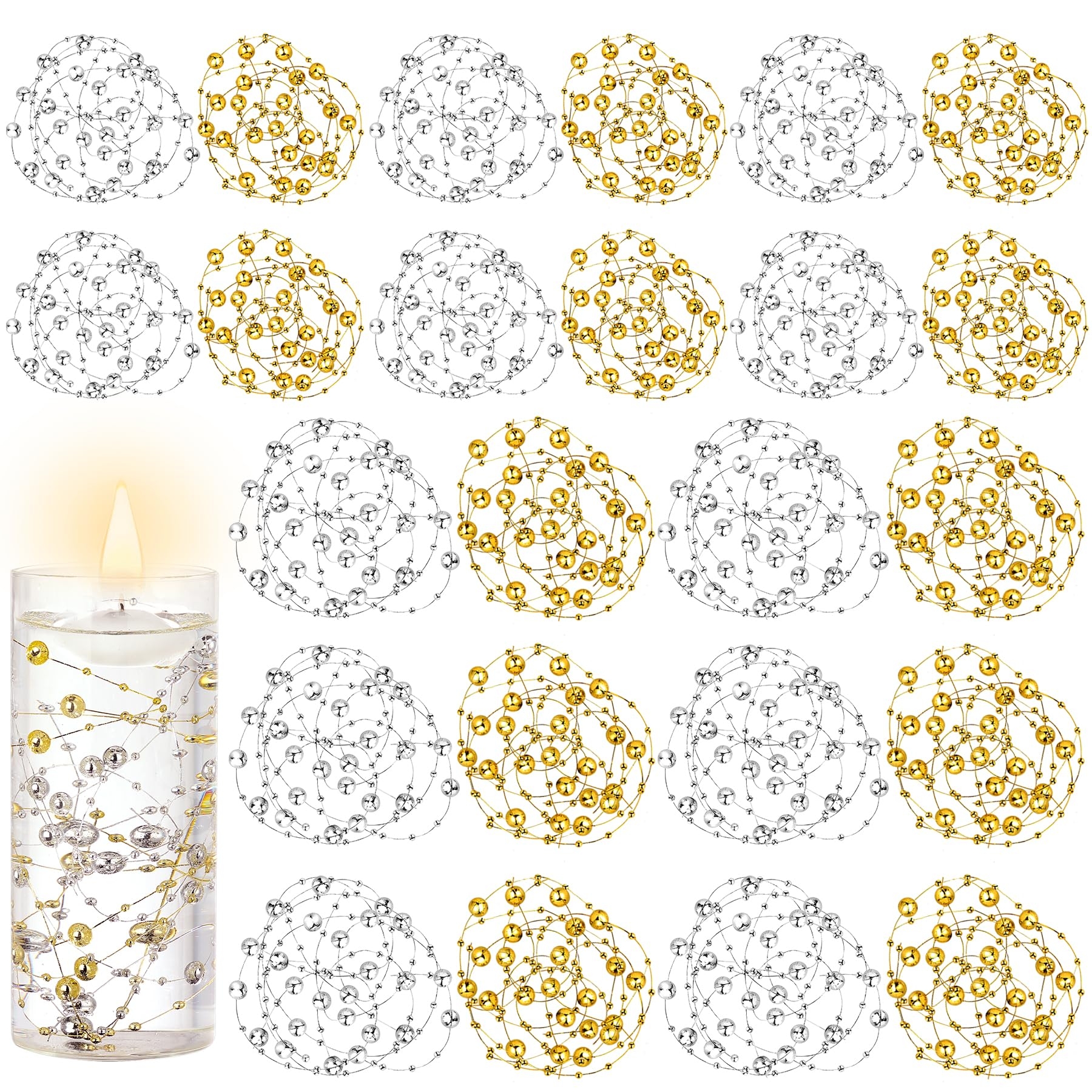 40 Pcs Artificial Floating Beads Pearls String, Bright Gold and Silver 8+3mm Faux Pearl Bead Strings for Centerpieces Vases Filler, Wedding Crafts Party Home Table Decor