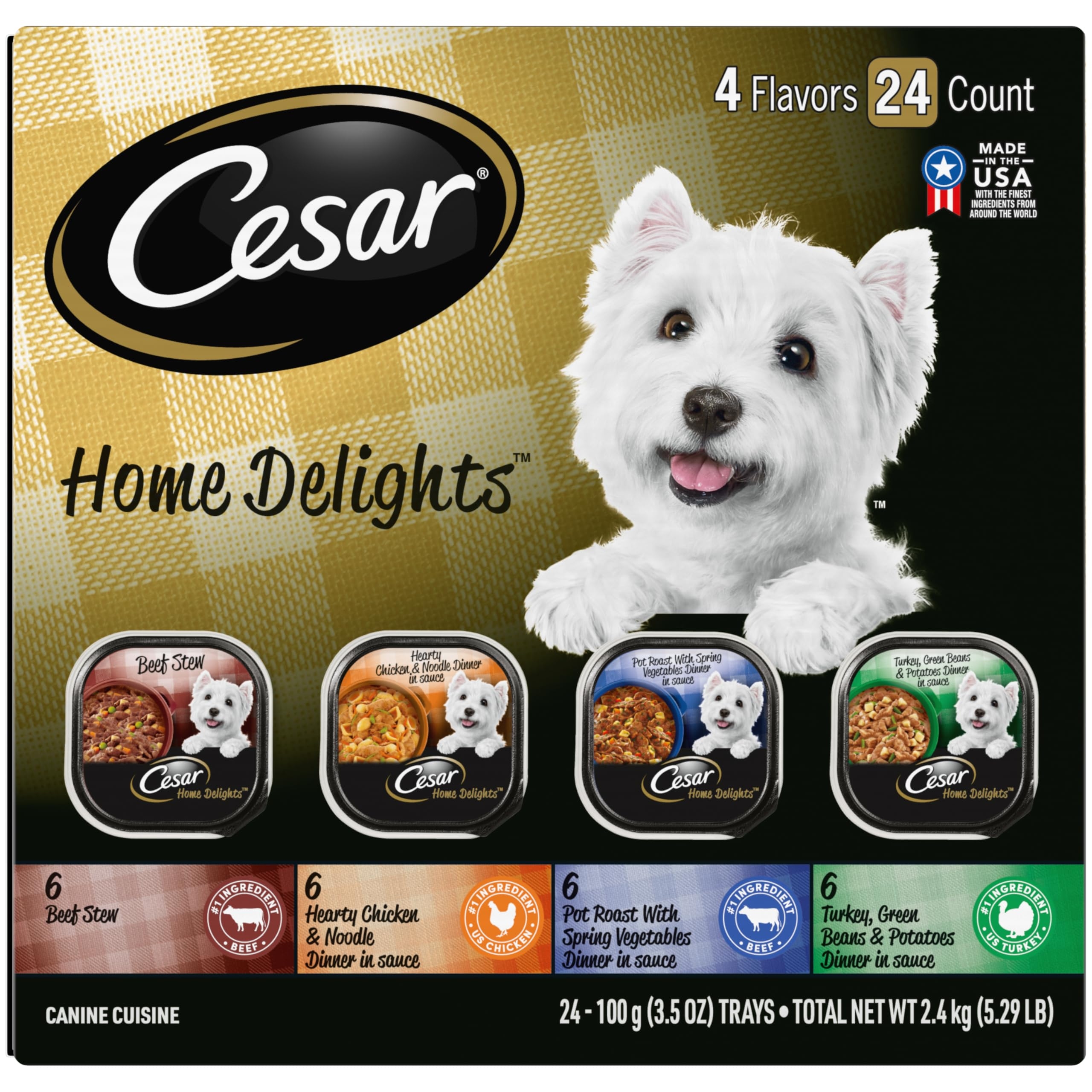 Cesar Home Delights Adult Wet Dog Food, Pot Roast with Spring Vegetables, Beef Stew, Turkey, Green Beans, & Potatoes, and Hearty Chicken & Noodle Variety Pack, 3.5 oz. (24 Count, Pack of 1)