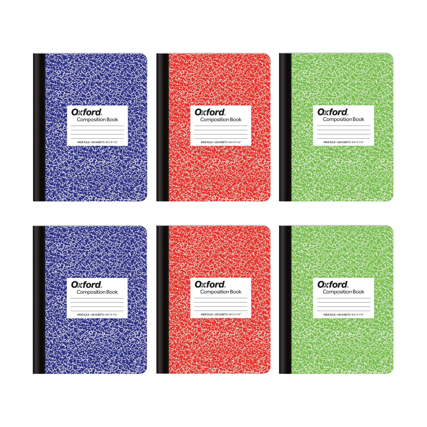 Oxford Composition Notebook 6 Pack, Wide Ruled Paper, 9-3/4 x 7-1/2 Inches, 100 Sheets, Assorted Marble Covers, 2 Each: Blue, Green, Red (63762)