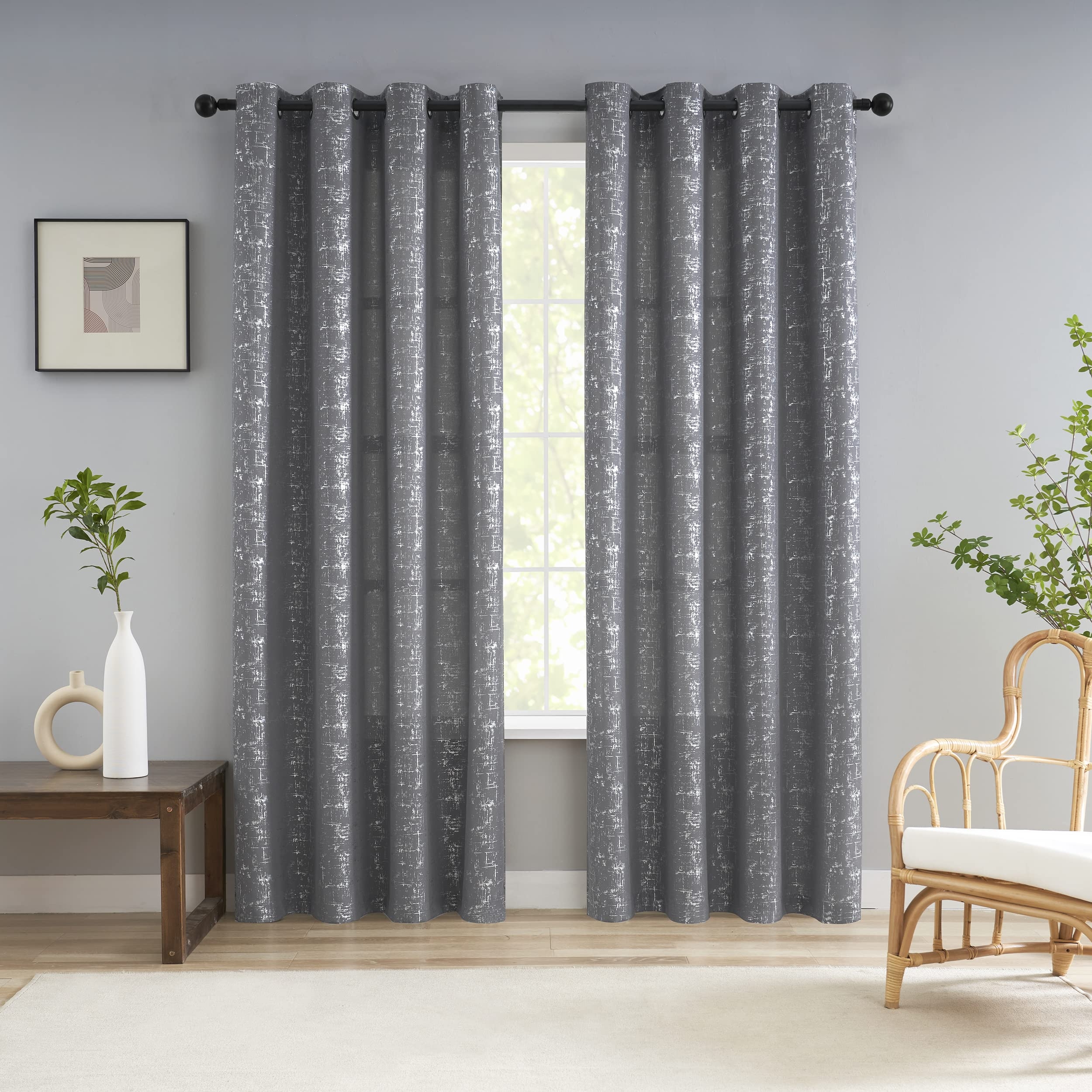 Taisier Home Soft Grey & Silver Geometric Dots Curtains 108" - Extra Long Light Filtering Drapes, Set of 2 Silver Foil Print Linen Textured Panels for Living Room Bedroom