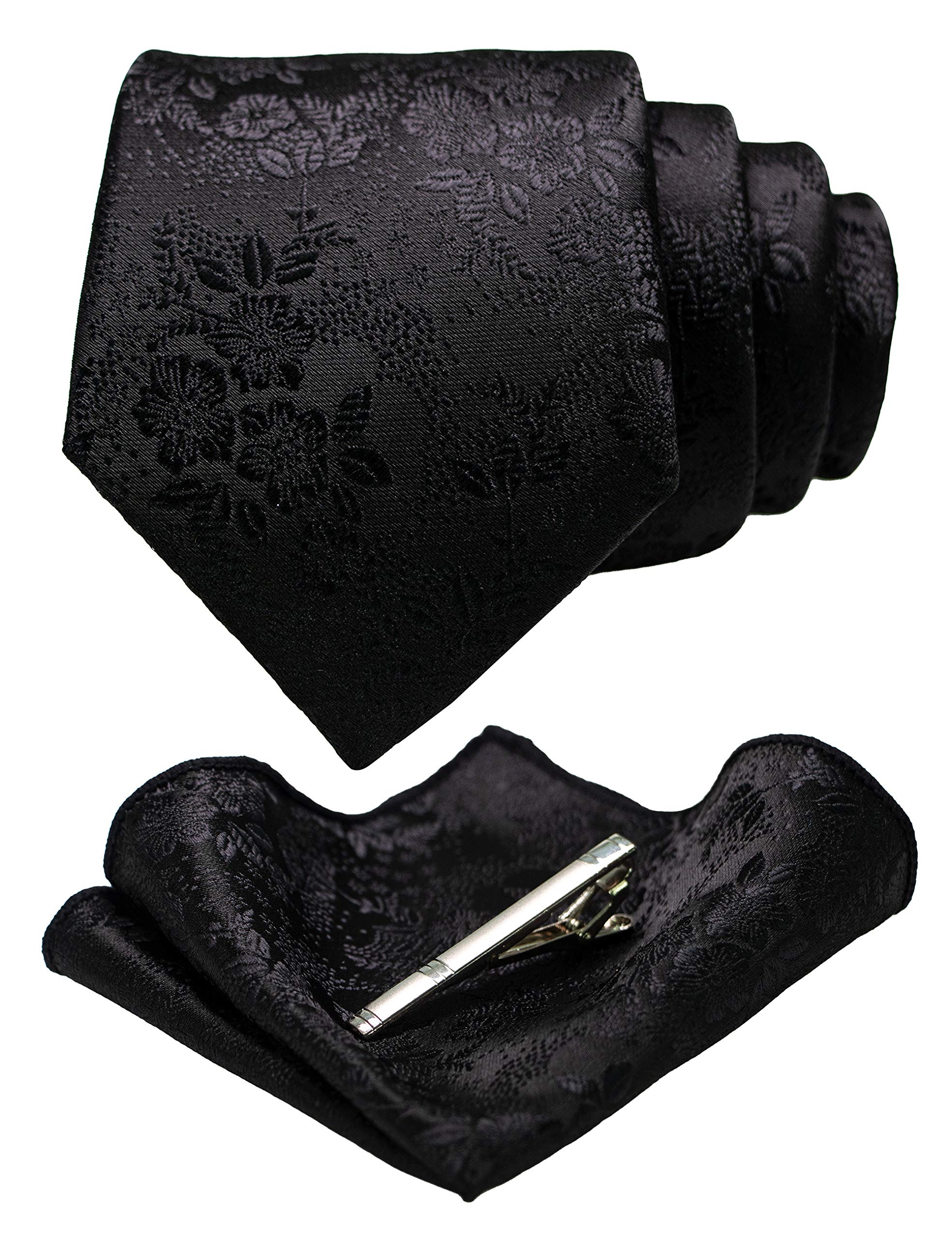 JEMYGINS Floral Necktie and Pocket Square Tie Clip Sets for Men