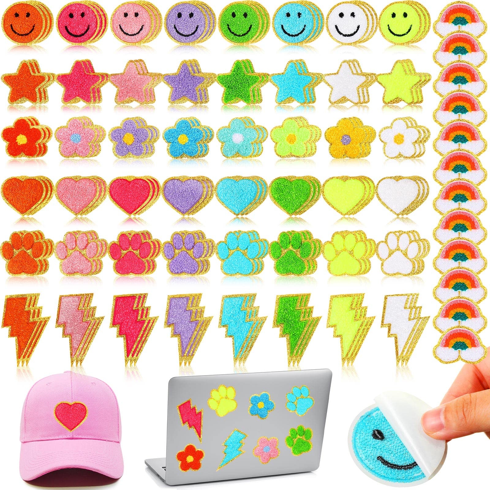 Yilloog 156 Pcs Glitter Self Adhesive Letters Chenille Clothing Patches Embroidered Repair Fuzzy Patches Alphabet Gold Trimmed Preppy Clothing Badges Sewing Appliques(Rainbow, Cute)