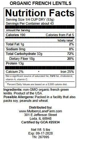 French Green Lentils 5 Pounds Petite, USDA Certified Organic, Non-GMO Bulk, Product of USA, Mulberry Lane Farms - Image 2