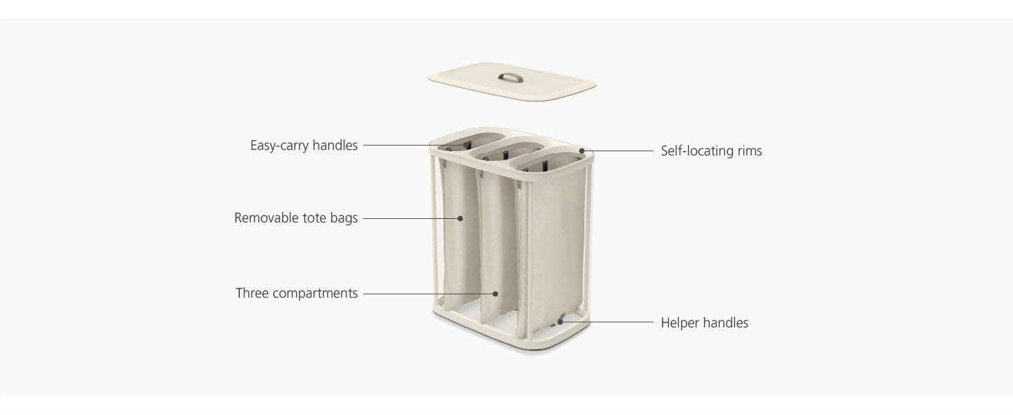 Joseph Joseph Tota Trio 90 liter/23.8 gallon Laundry Hamper Separation Basket with lid, 3 Removable Washing Bags with Handles- Ecru - Image 6