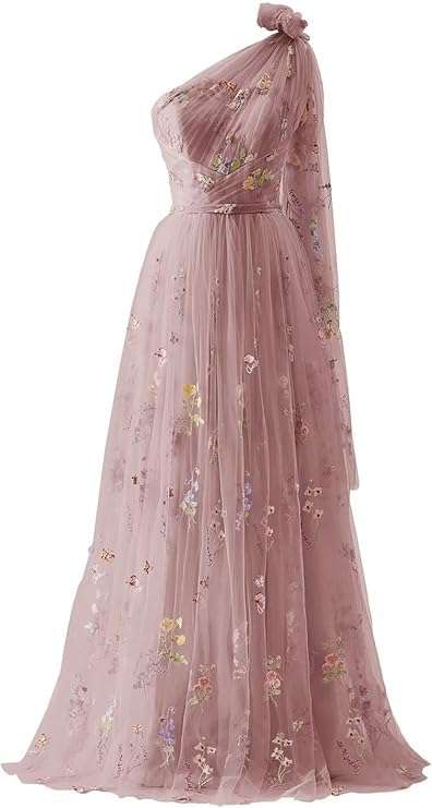 Floral Embroidery Prom Dresses with Pleats Long One Shoulder Spring Tulle Formal Party Dress for Women - Image 1