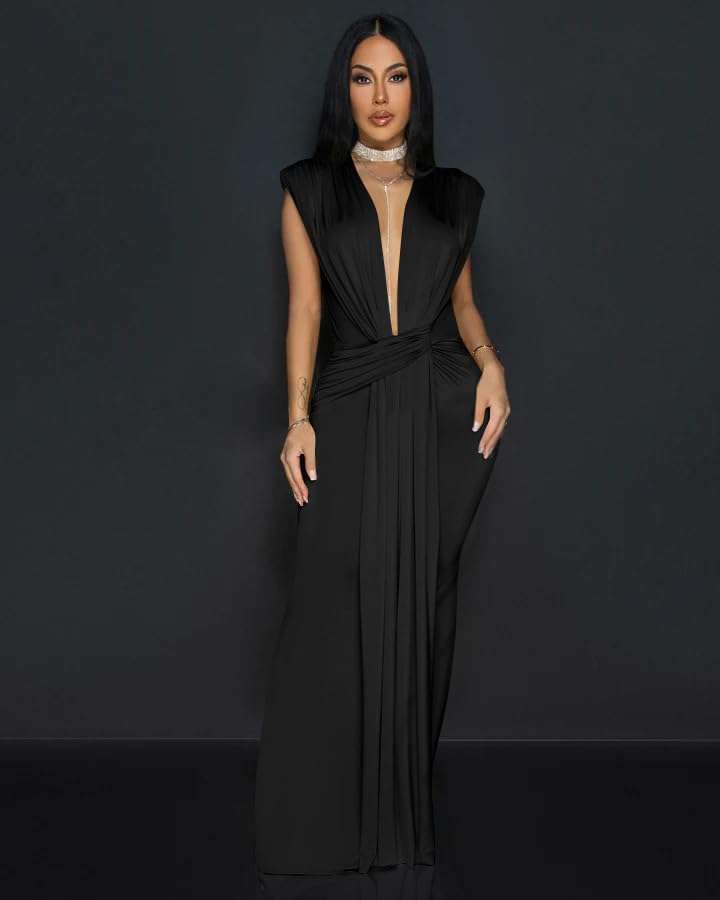 Memoriesea Women's Elegant Sleeveless Deep V Neck Bodycon Party Evening Gown Maxi Dress - Image 4