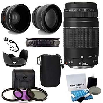 Canon EF 75-300mm f/4-5.6 III Telephoto Zoom Lens with 2X Telephoto Lens, HD Wide Angle Lens and Accessories (8 Piece Kit) - Image 1