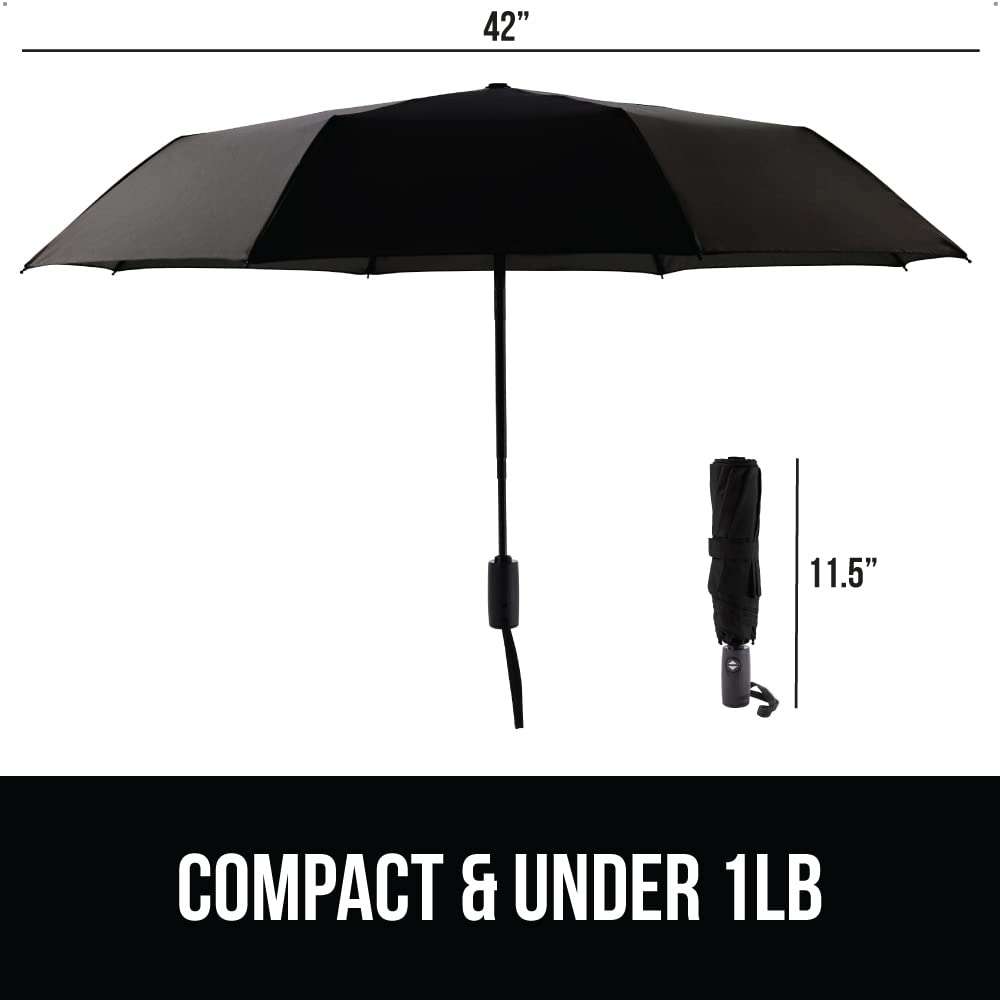 GORILLA GRIP Strong Stick Umbrella for Rain, Compact Travel One-Click Automatic Open Close, Lightweight, Portable, US Designed Reinforced Fiberglass Ribs, Wind Resistant, Easy Collapse, Black - Image 2