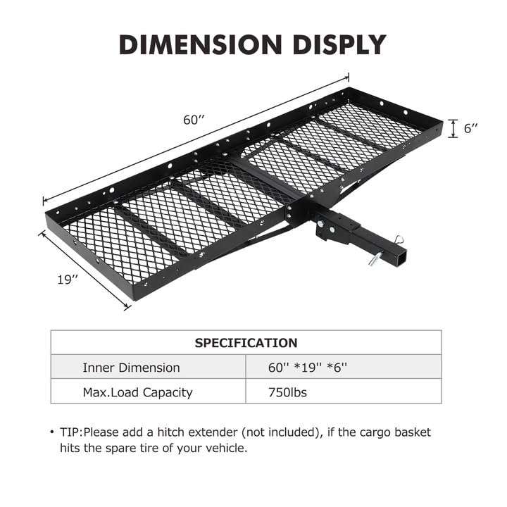 750 Lbs Capacity Cargo Baskets - Heavy-Duty Hitch Cargo Carrier Basket, 60" x 19" x 6" Cargo Rack Rear Luggage Basket for Car and SUV - Image 4