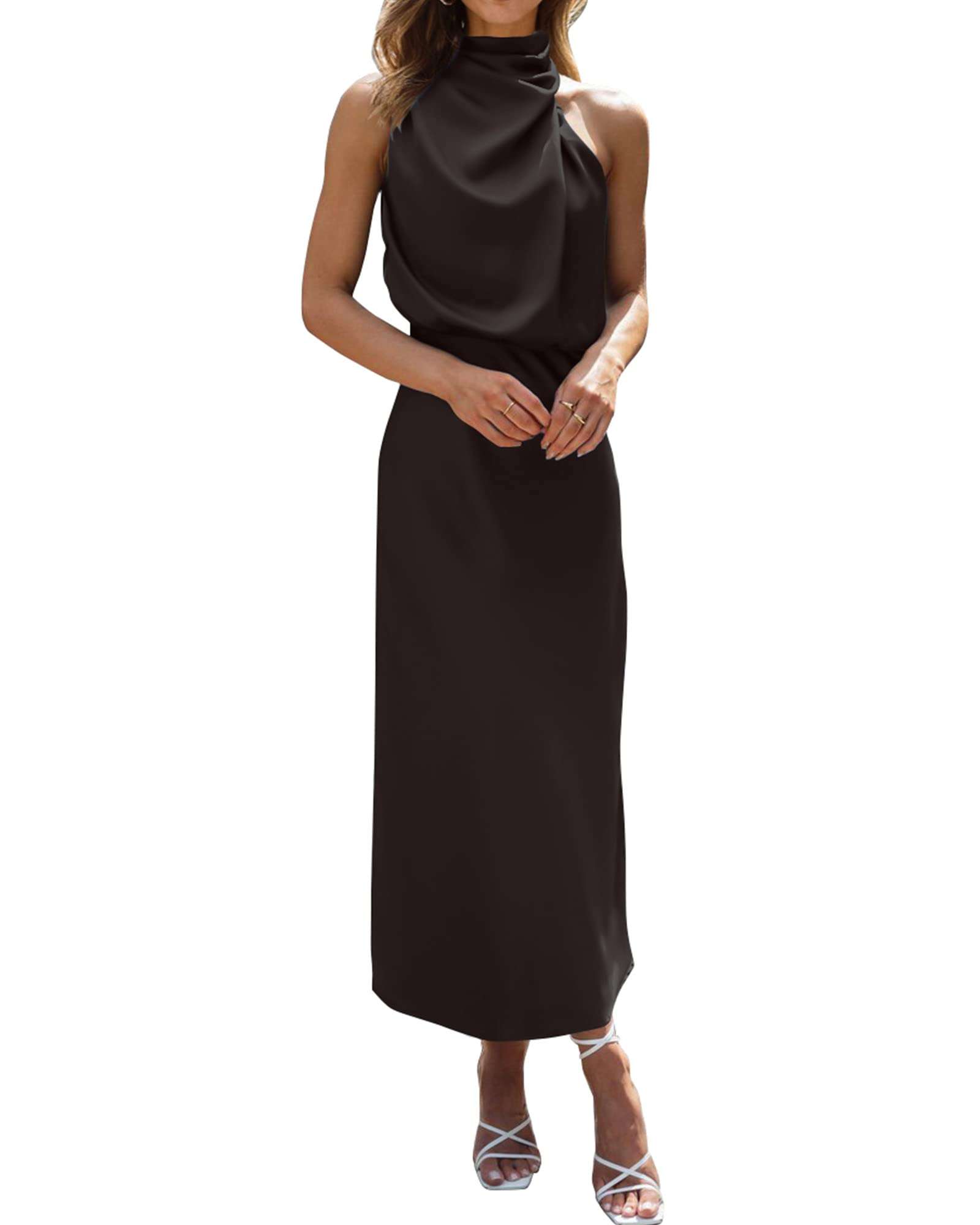 BTFBM Women Sleeveless Cocktail Dresses Fall Mock Neck Keyhole Elastic High Waist Evening Party Maxi Wedding Guest Dress - Image 1