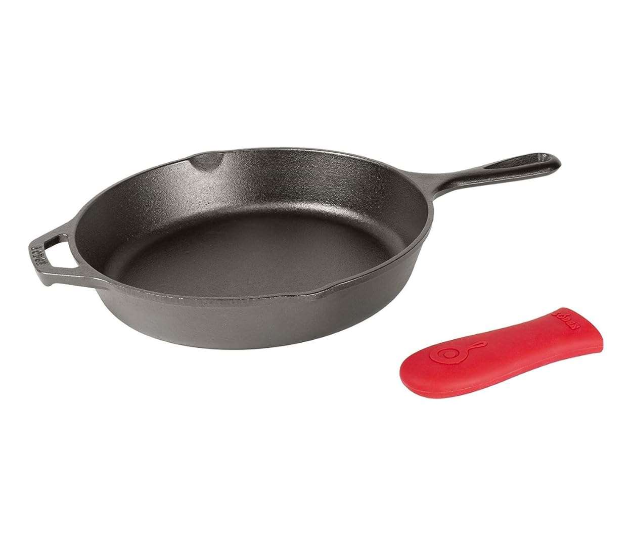 Lodge 12 Inch Cast Iron Skillet with Red Silicone Hot Handle Holder – Pre-Seasoned Frying Pan for Stove, Oven, Grill & Campfire – Made in the USA – Durable, Nonstick Cast Iron Cookware – Black - Image 1