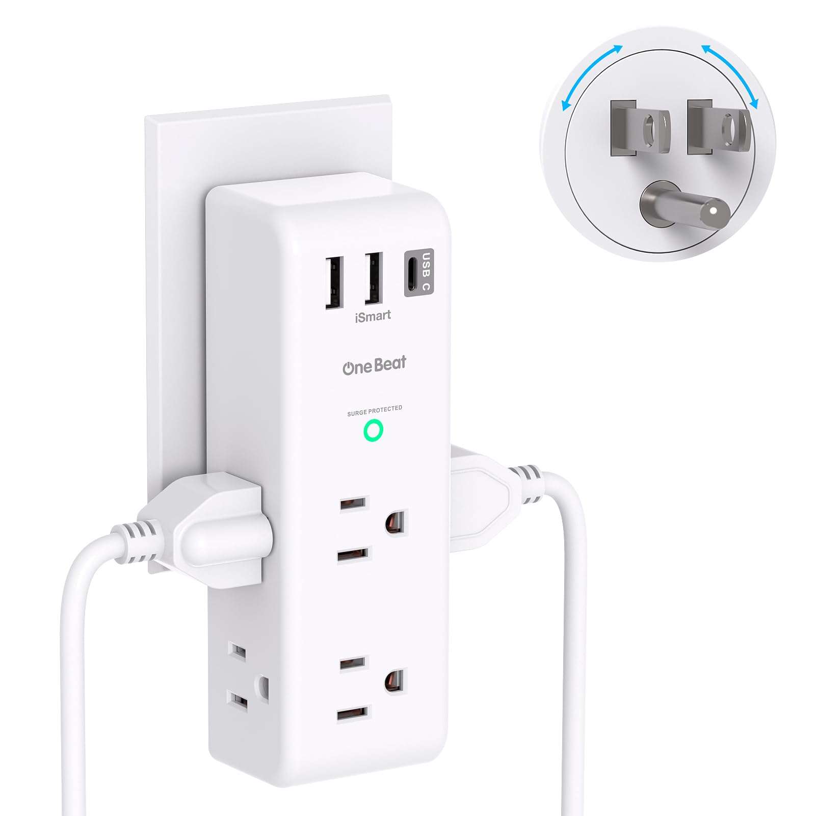Surge Protector Outlet Extender with Rotating Plug - One Beat 6 AC Multi Plug Outlet with 3 USB Ports (1 USB C), 1800J Wall Charger, 3-Sided Power Strip Spaced Outlet Splitter for Home Office Travel - Image 1