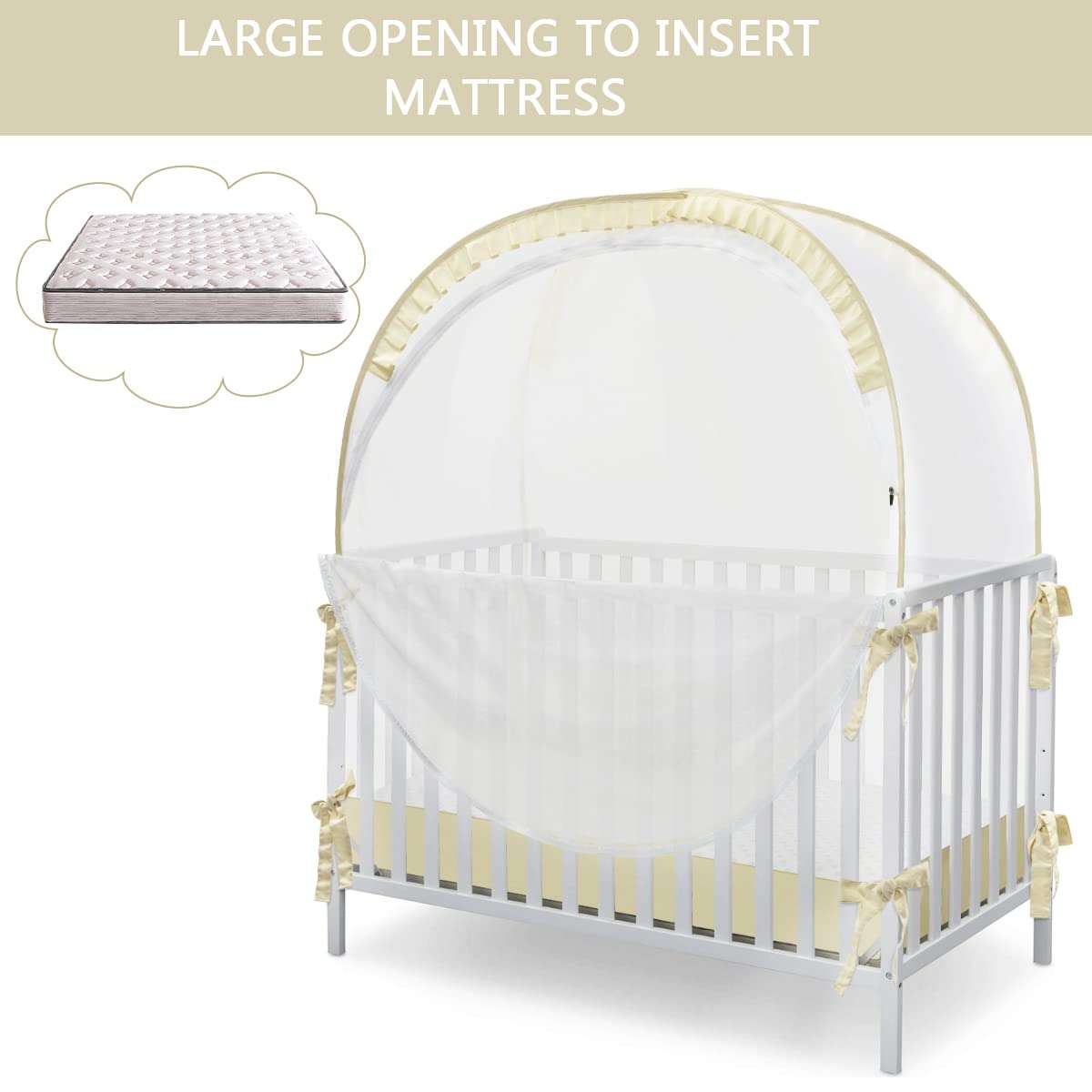 L RUNNZER Baby Safety Crib Tent, Pop Up Canopy for Crib to Stop Baby from Climbing Out, Infant Mesh Cover Mosquito Net with Sturdy Frame & Soft Mesh, Beige, (R07-beige) - Image 5