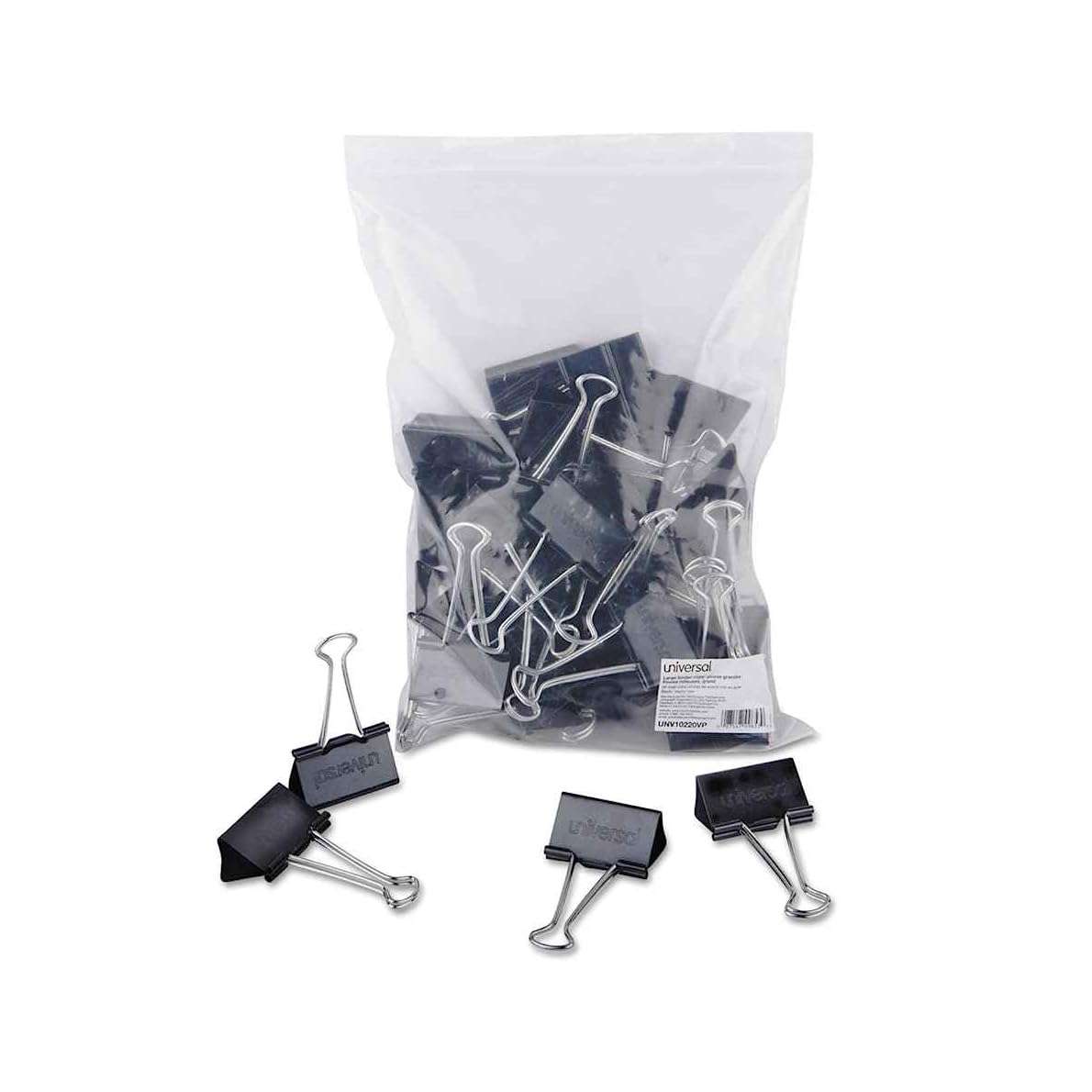 Universal 10220VP Large Binder Clips, Zip-Seal Bag, 1-Inch Capacity, 2-Inch Wide, Black, 36/Bag - Image 1