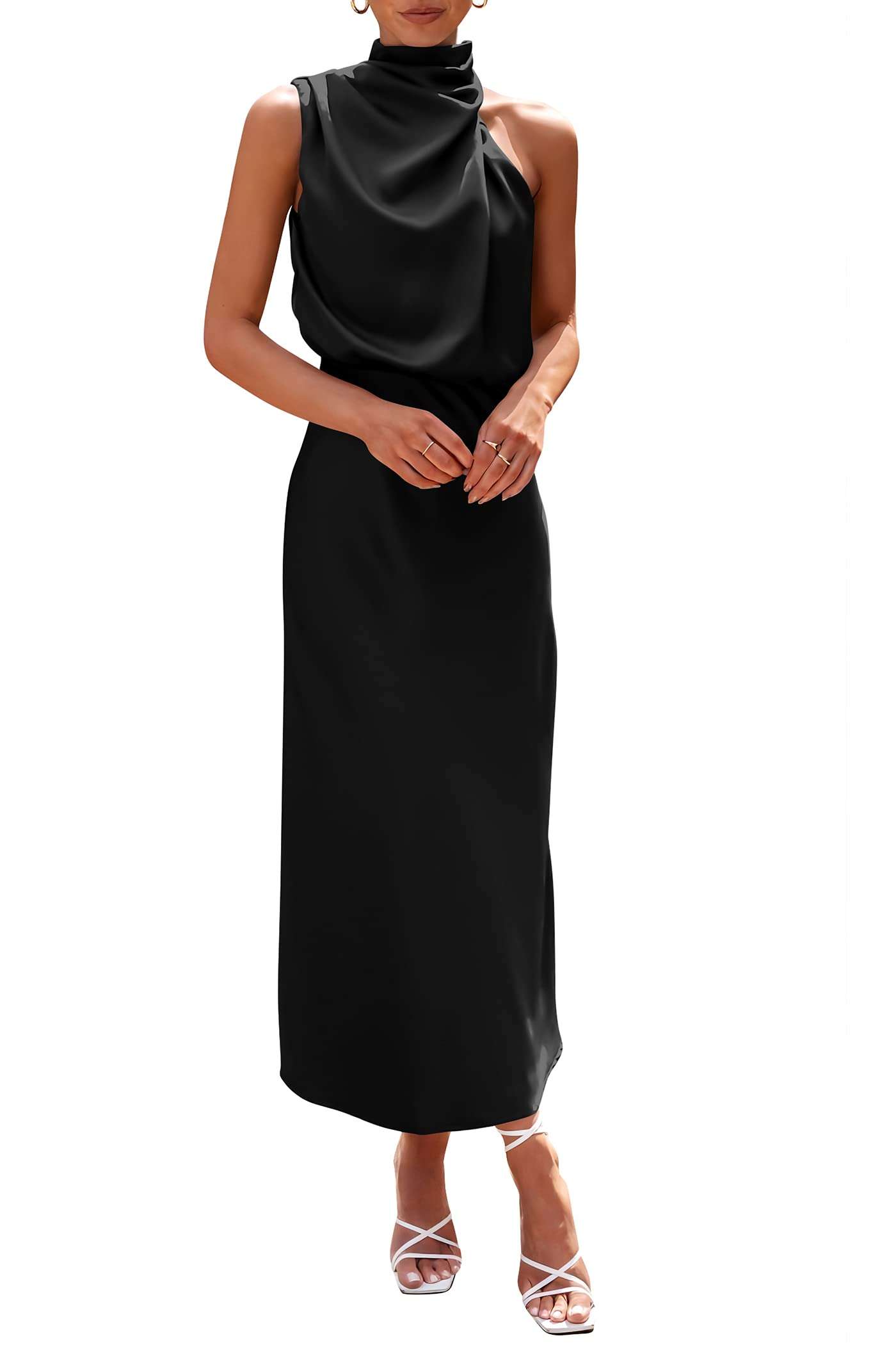 PRETTYGARDEN Women's 2025 Summer Satin Dress Elegant Sleeveless Mock Neck Cocktail Party Maxi Dresses - Image 1