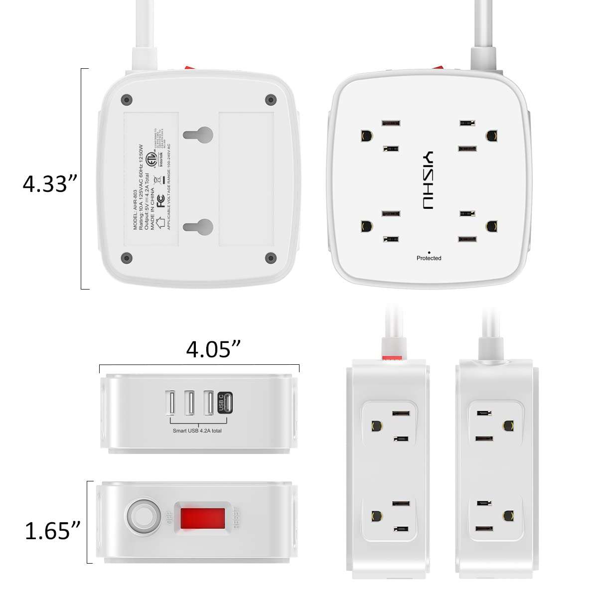 6 Ft Surge Protector Power Strip - 8 Widely Outlets with 4 USB Ports, 3 Side Outlet Extender with 6 Feet Extension Cord, Flat Plug, Wall Mount, Desk USB Charging Station, ETL,White - Image 7