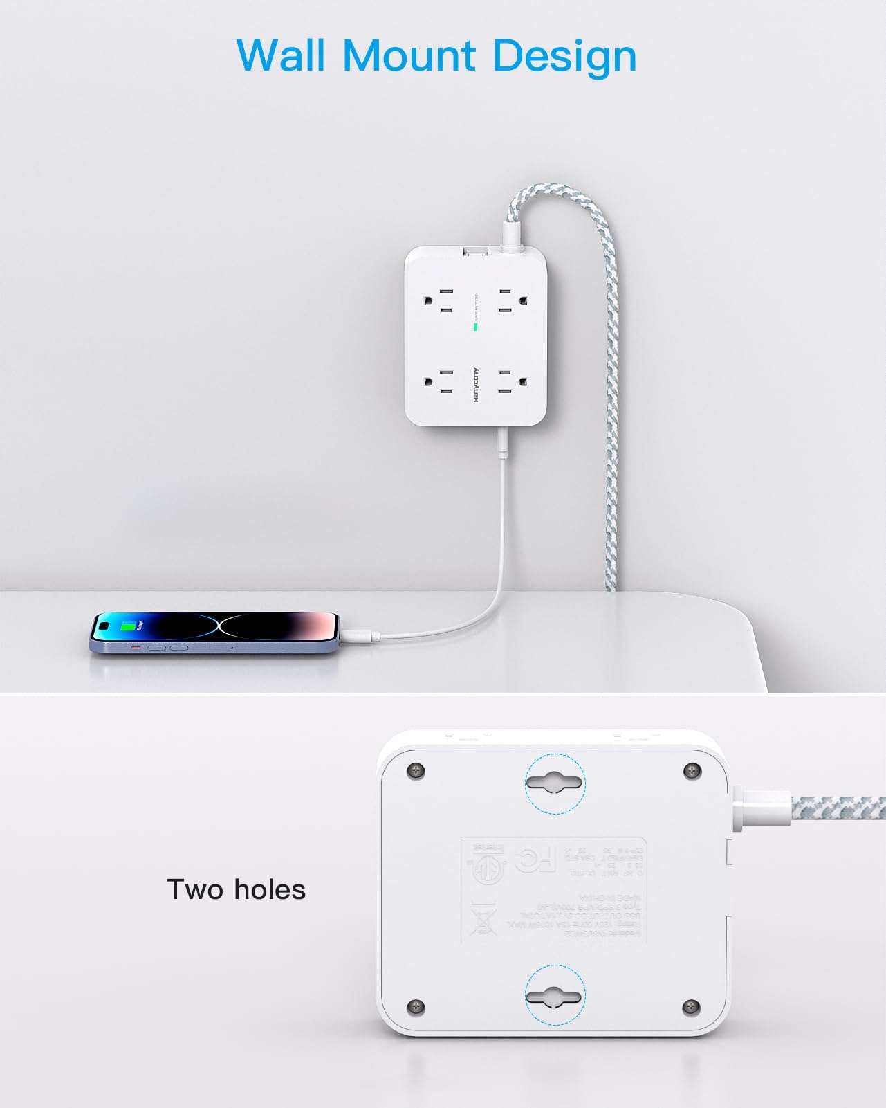 Surge Protector Power Strip - HANYCONY 8 Outlets 4 USB (2 USB C) Charging Ports, Multi Plug Outlet Extender, 5Ft Braided Extension Cord, Flat Plug Wall Mount Desk Charging Station for Home Office ETL - Image 6