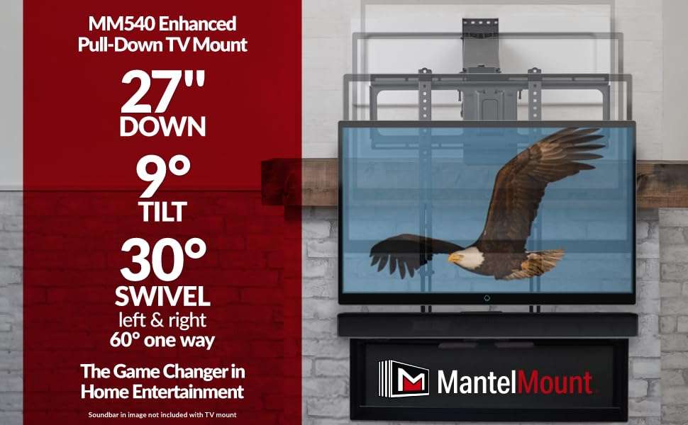 MantelMount MM540 - Above Fireplace Pull Down TV Mount for 40" to 80" Screen TVs to 90 lbs, with Patented auto-straightening, Adjustable Stops, Heat Sensor Handles & Paintable Covers - Image 8