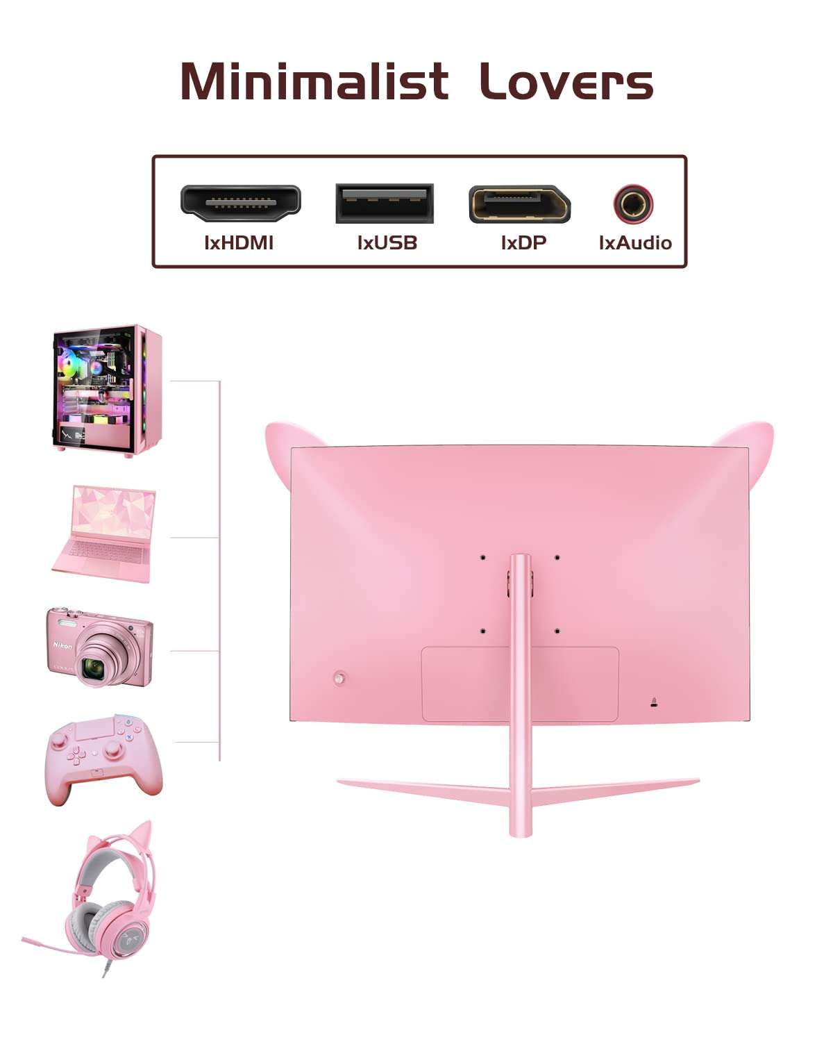 FYHXele FY27QHP Pink Monitor 27 Inch Curved Gaming 165Hz - Support 144Hz 1800R 1ms QHD 2560 x 1440P VA Screen, Built-in Speakers, AMD Free-Sync, HDMI, DP, USB, AUX, Tilt Adjustable - Image 6